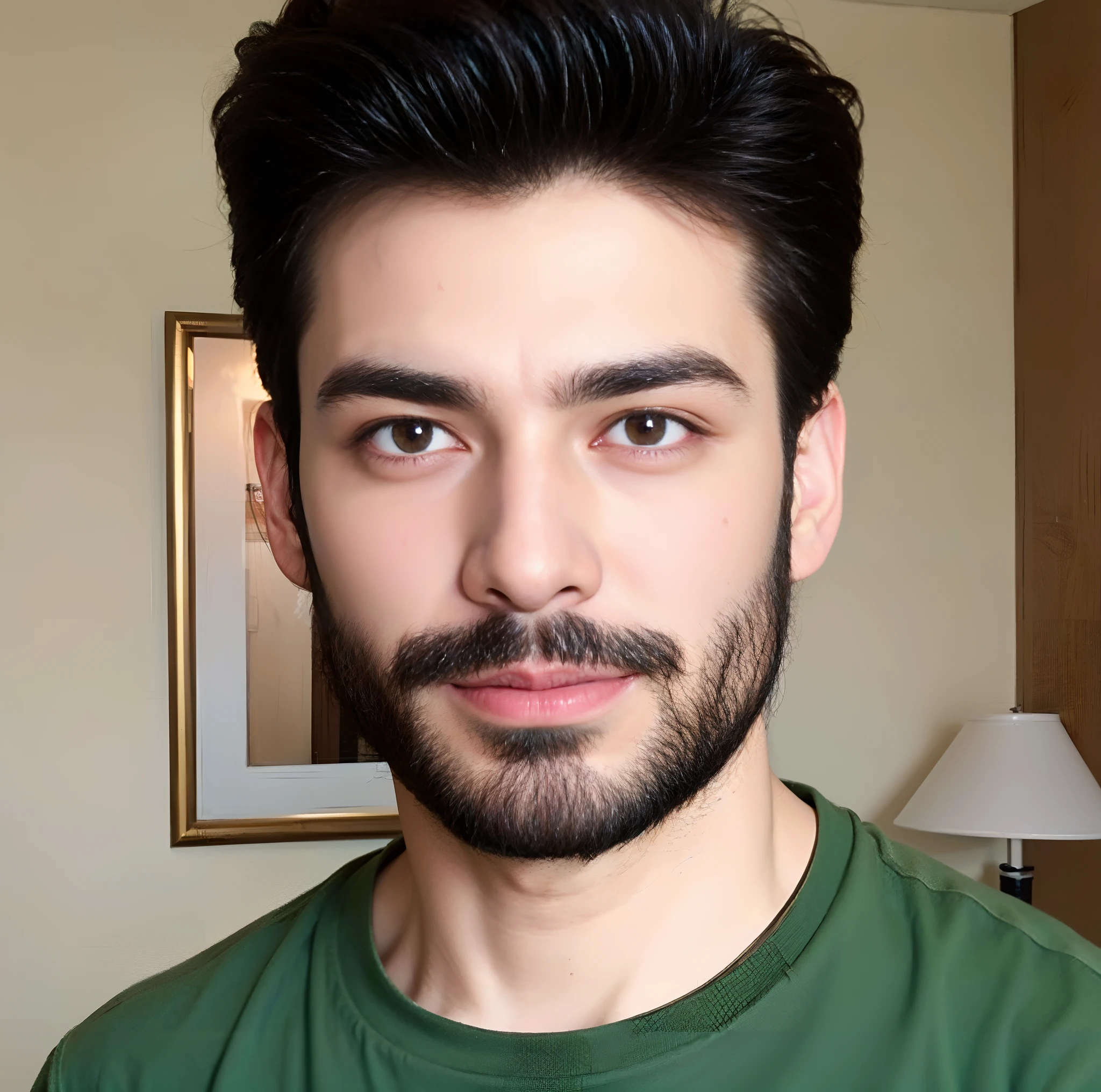 araffed man with a beard and a green shirt, inspired by Adam Dario Keel, handsome man, without beard and mustache, handsome face, handsome face and beautiful face, headshot profile picture, without beard, good looking face, handsome attractive face, with a small beard, very attractive and beautiful, unibrow, profile pic, handsome male, handsome and attractive