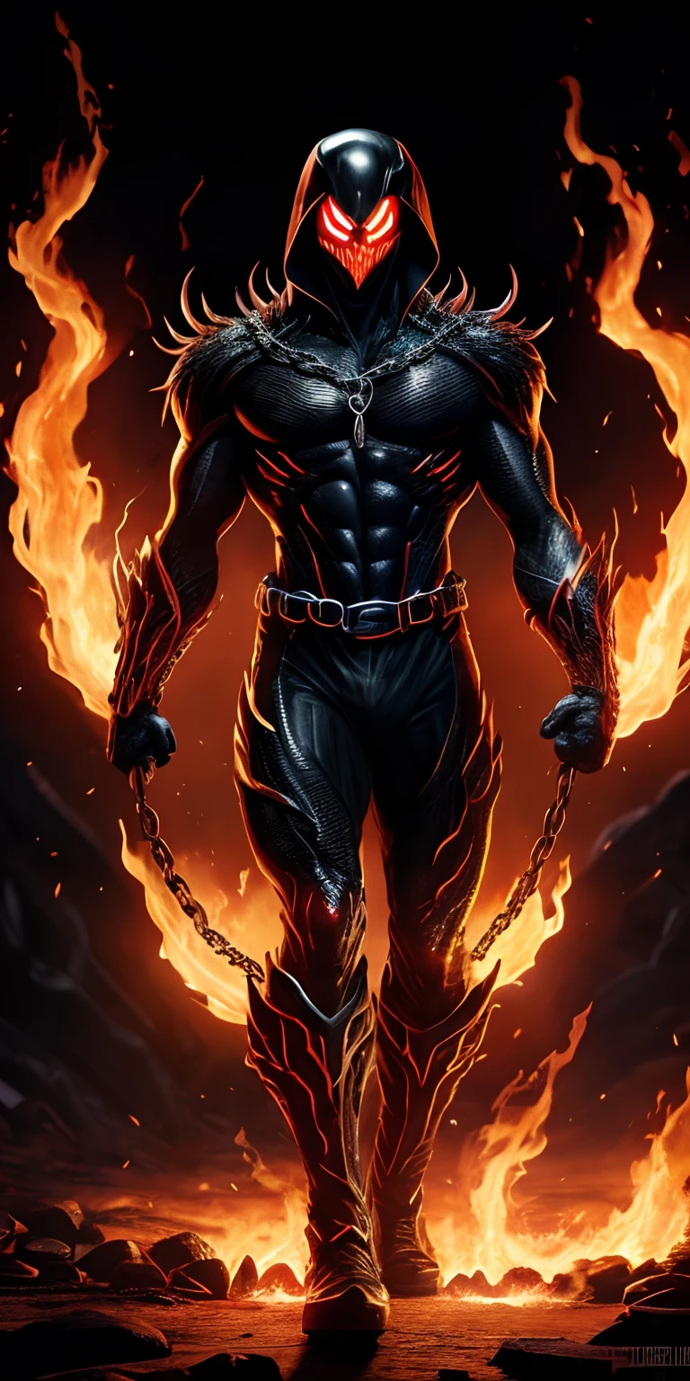 Ultra resolution 8K, frightening illustration, Powerful fusion of Venom and Ghost Rider is a dark being with skin blackened by the symbiote, with a flaming skull crowned by the symbiote instead of a head, (chain of fire in its hands: 1.7).  Fiery chains snake around his form, ready to punish the guilty.  An aura of darkness and fire constantly surrounds him, embodying implacable justice.