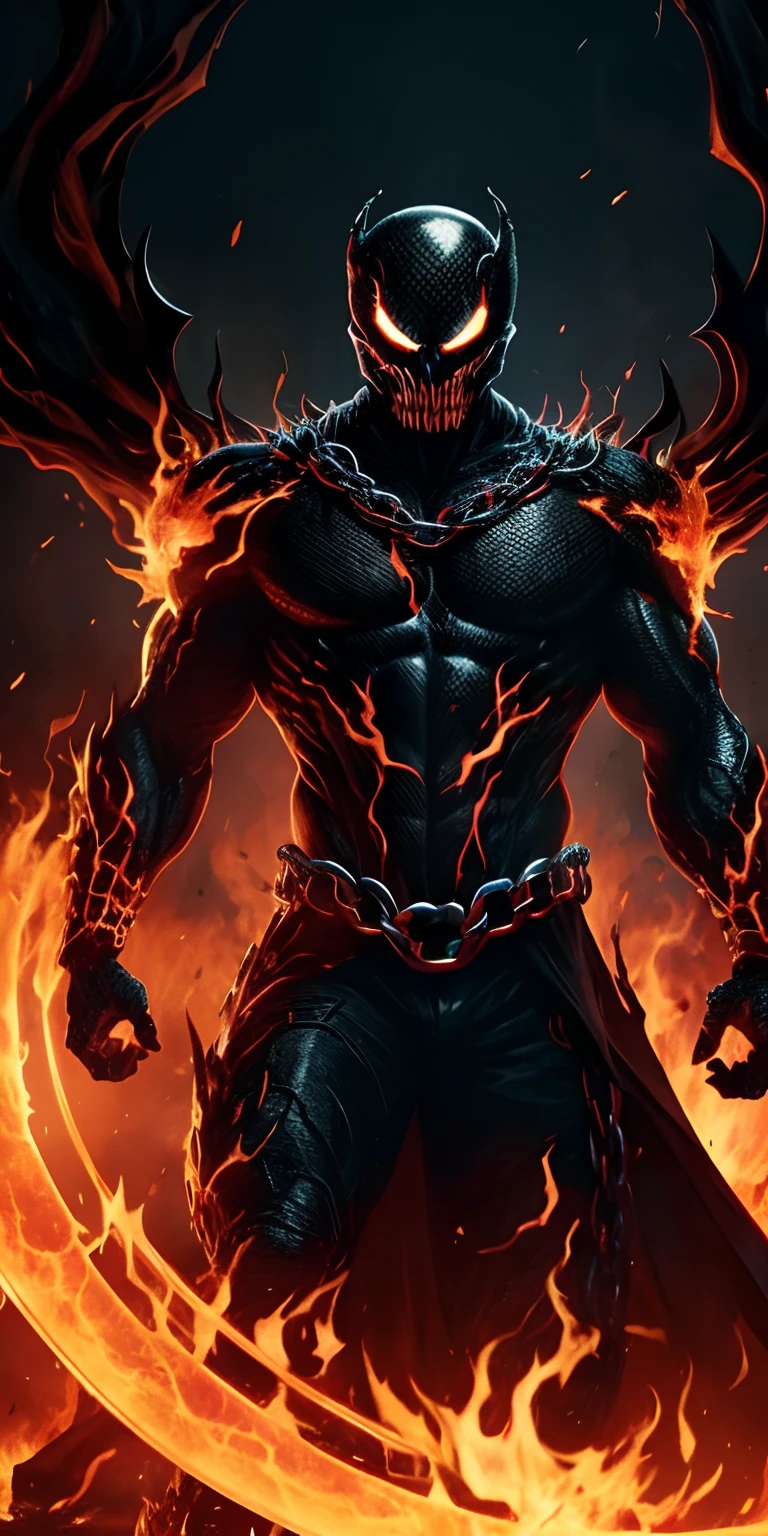 Ultra resolution 8K, frightening illustration, Powerful fusion of Venom and Ghost Rider is a dark being with skin blackened by the symbiote, with a flaming skull crowned by the symbiote instead of a head, (chain of fire in its hands: 1.7).  Fiery chains snake around his form, ready to punish the guilty.  An aura of darkness and fire constantly surrounds him, embodying implacable justice.