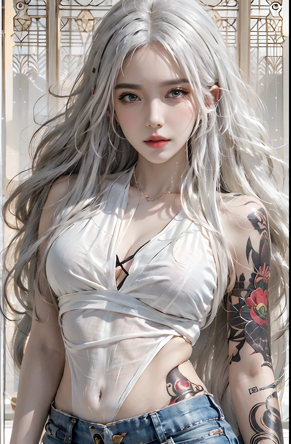 Photorealistic, high resolution, 1womanl, Solo, Hips up, view the viewer, (Detailed face), White hair, Long hair, Medium breasts, Tattoo on the crotch