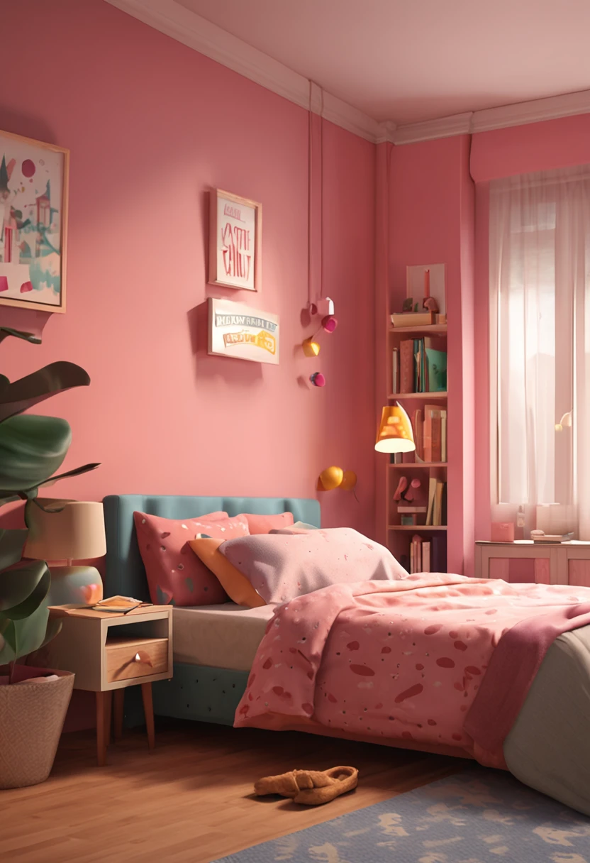 (Isometric perspective:1.5),(pixar-style:1.2),There is a bed in the bedroom,sofe,table light,Study desk,janelas,Wall paintings,3 d modelling,pink back ground,Global illumination,Ray traching,hdr,rendering,unreal render,best qualtiy,8K