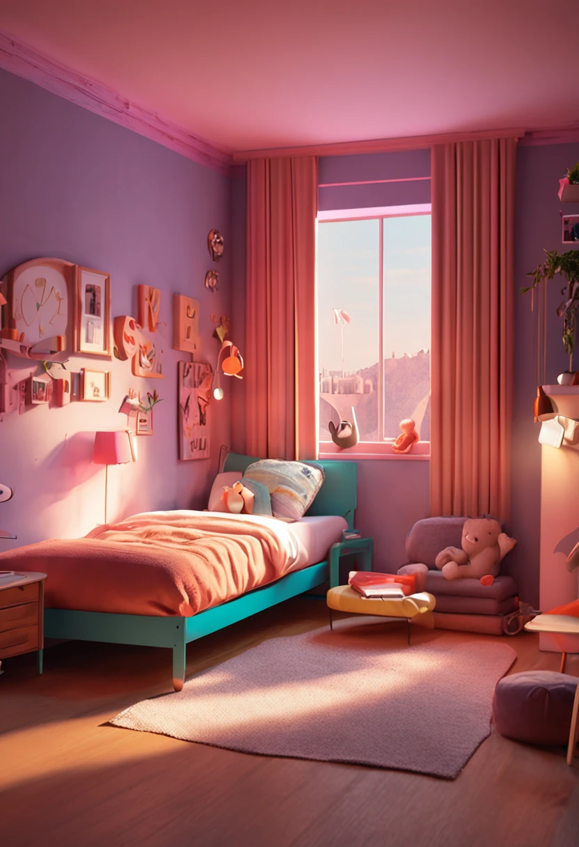 (Isometric perspective:1.5),(pixar-style:1.2),There is a bed in the bedroom,sofe,table light,Study desk,janelas,Wall paintings,3 d modelling,pink back ground,Global illumination,Ray traching,hdr,rendering,unreal render,best qualtiy,8K