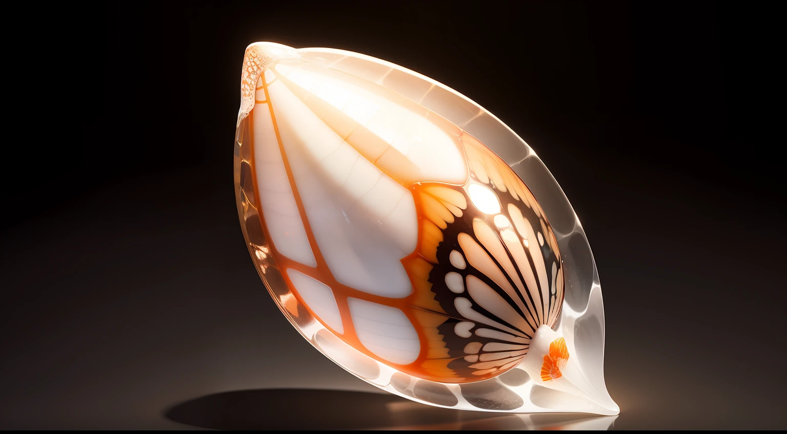 a realistic photo of a transparent porcelain (Junonia) shell of big size (white and light red) color with a black background in photo lab lighting.