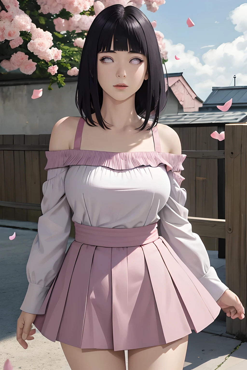 masterpiece, absurdres, hinata\(boruto\), 1girl, solo,mature female, off-shoulder strap bra, high waist short skirt, looking at viewer, (falling petals), perfect composition, detailed lips, big breast, beautiful face, body propotion, blush, (pink lips), long hair,  purple eyes,  soft gaze,  super realistic, detailed, photoshoot, realistic face and body,