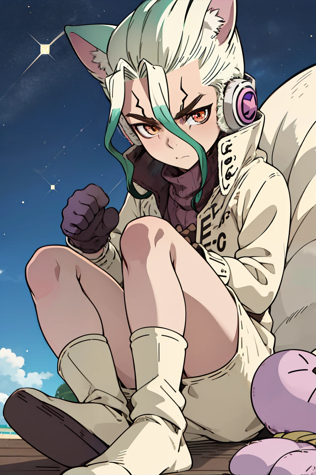 cat boy,Little Boy, Solo, gloves, Fluffy clothes, Pants, Sweaters, sleeves, sox, Slippers, Pastel colors, (Purple, Blue, Pink, yellow), Cozy, Dreamy, Stars, a sticker, Bubbles, Glitter, brilliance, plushies, headphones