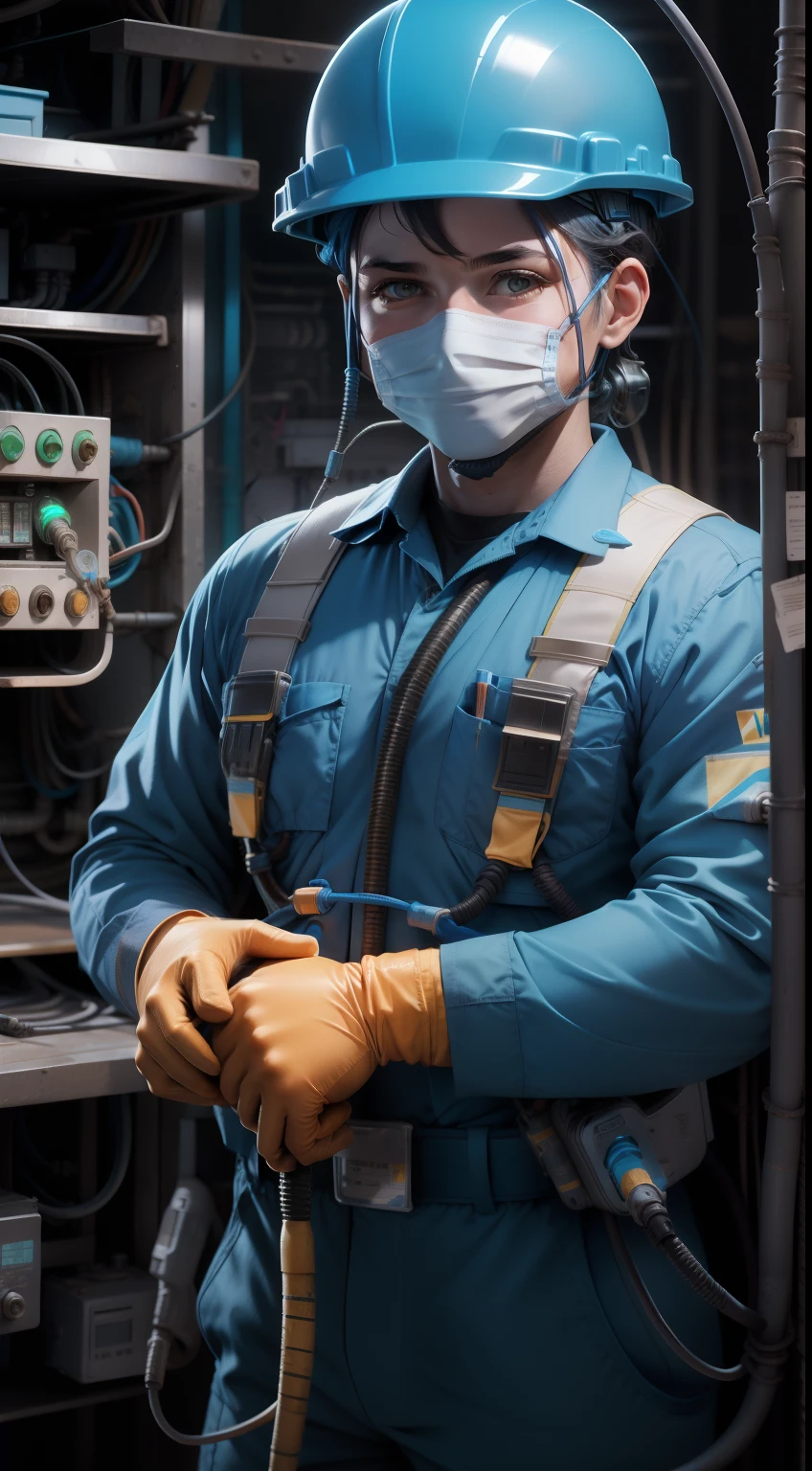 Electricians for networks and distribution lines wear blue uniforms,All personal protective equipment is ready for safety talks