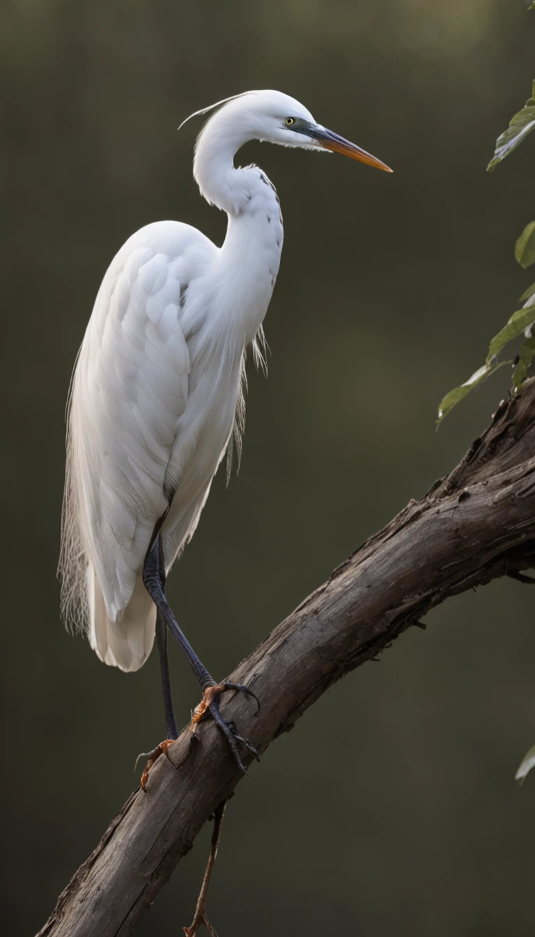 The egret stands gracefully on the branches, Strong morning light diffuses through the mist，Slowly rise, Its white feathers stand out in dramatic side light