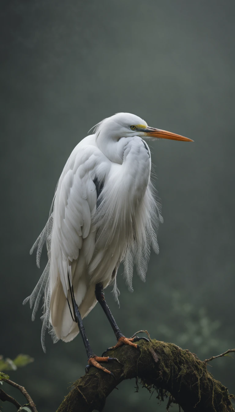 The egret stands gracefully on the branches, Strong morning light diffuses through the mist,Slowly rise, Its white feathers stand out in dramatic side light