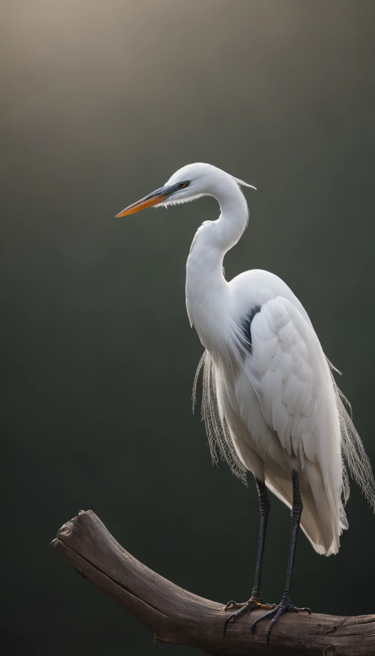 The egret stands gracefully on the branches, Strong morning light diffuses through the mist,Slowly rise, Its white feathers stand out in dramatic side light