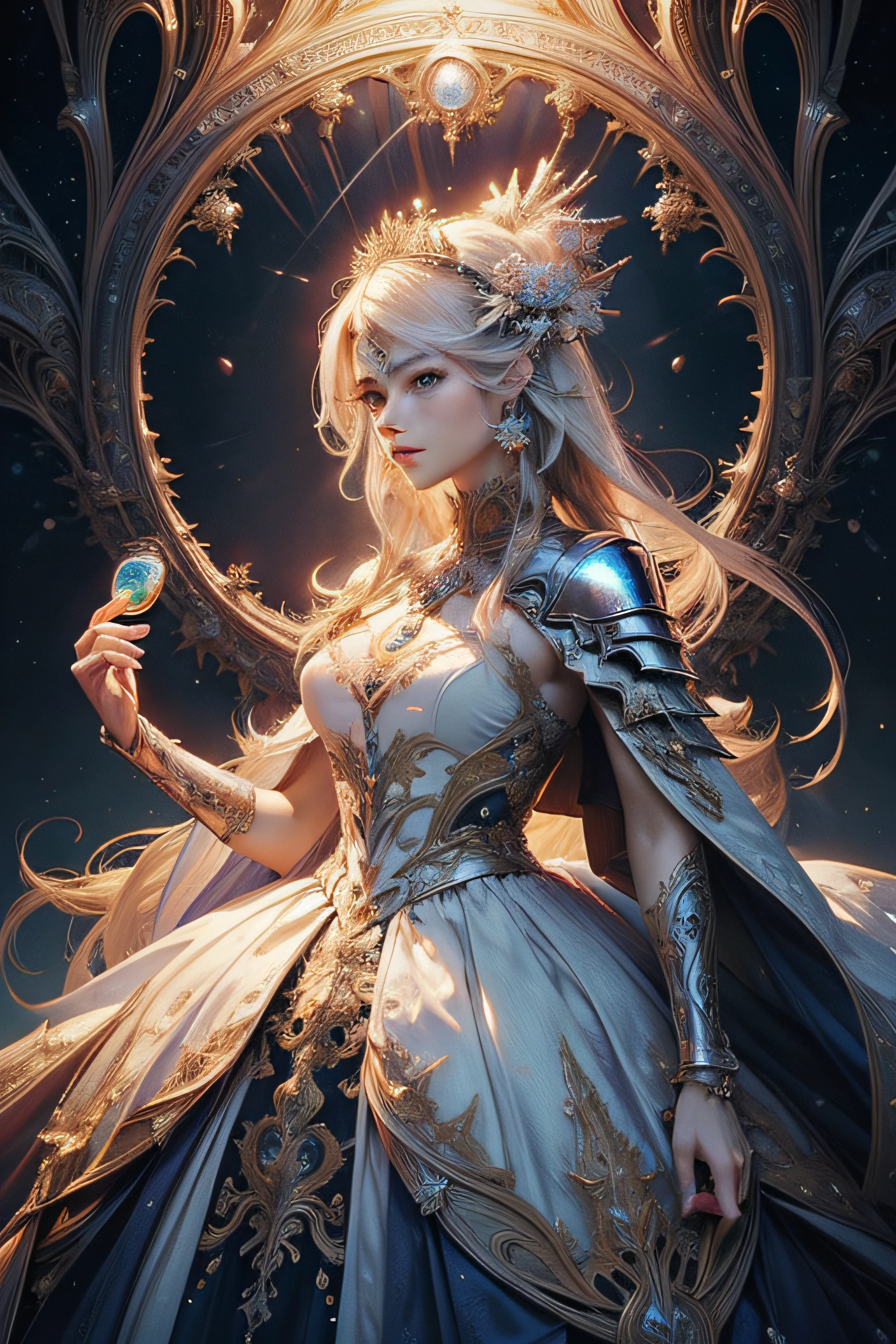 "(Masterpiece, Best quality, Ultra-detailed 8K Cg Unity wallpaper), Luminous light goddess in full-body portrait, (body radiating brilliant glow), Ethereal presence, (Silky dress with ultra-detailed metallic patterns, Full-body view), Shimmering crystal jewelry, (Sharp eyeliner, Detailed eyes:1.1, Platinum blonde hair), (Royal crown:1.3, breathtakingly luxurious), Ruined, shadowy castle background contrasting her luminous brilliance, (Powerful sunbeam spotlighting her position), (Magical light effects), Holding light scepter gracefully, (divine light dominion:1.1)."