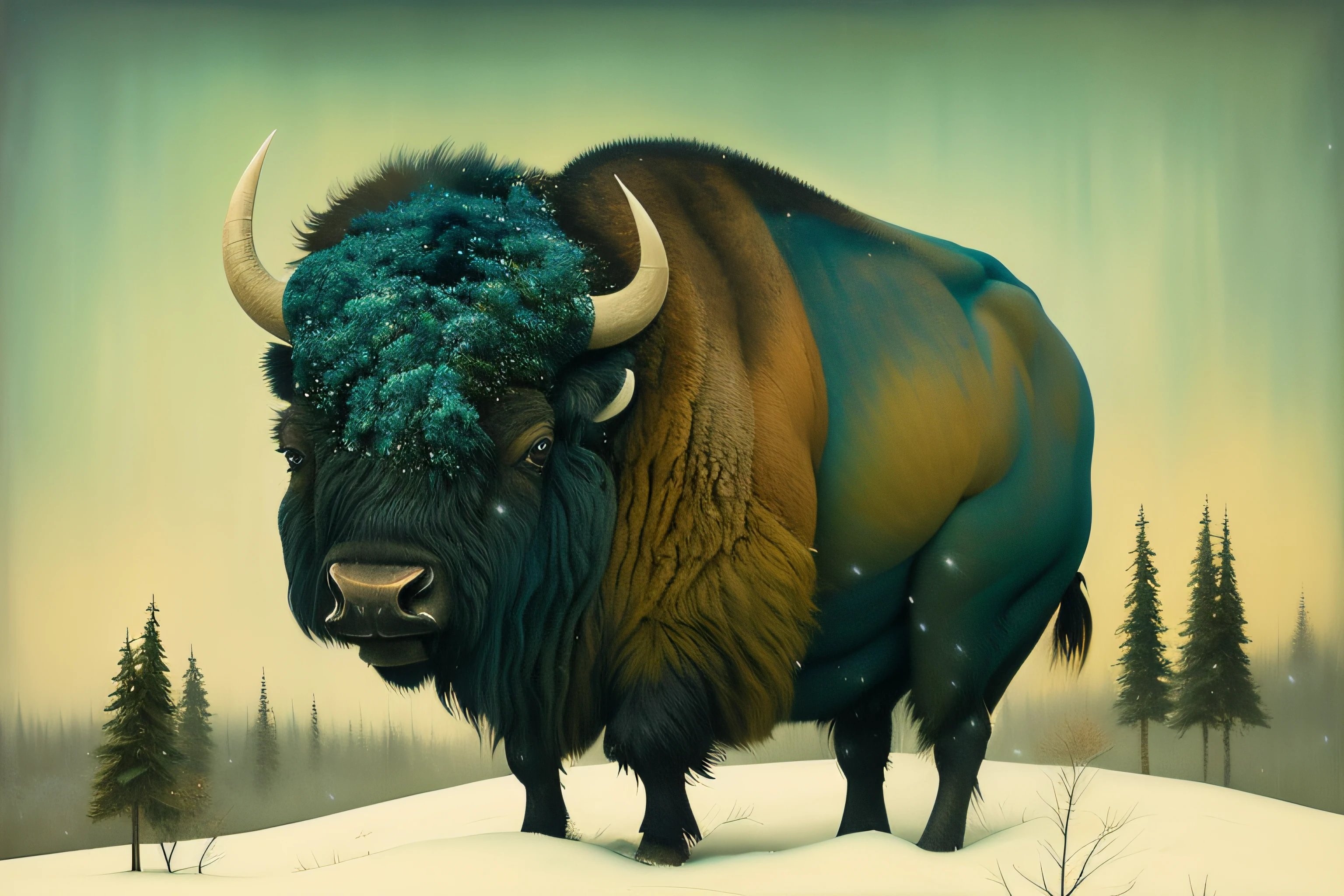 painting of a bison standing in a snowy field with trees, inspired by Giuseppe Bernardino Bison, surreal hybrid animals, anton semenov, jane newland, jean-sebastien rossbach, julie dillon, by Jesper Ejsing, by Artur Tarnowski, style of jeff soto, by Pedro Pedraja, by Vladimír Vašíček