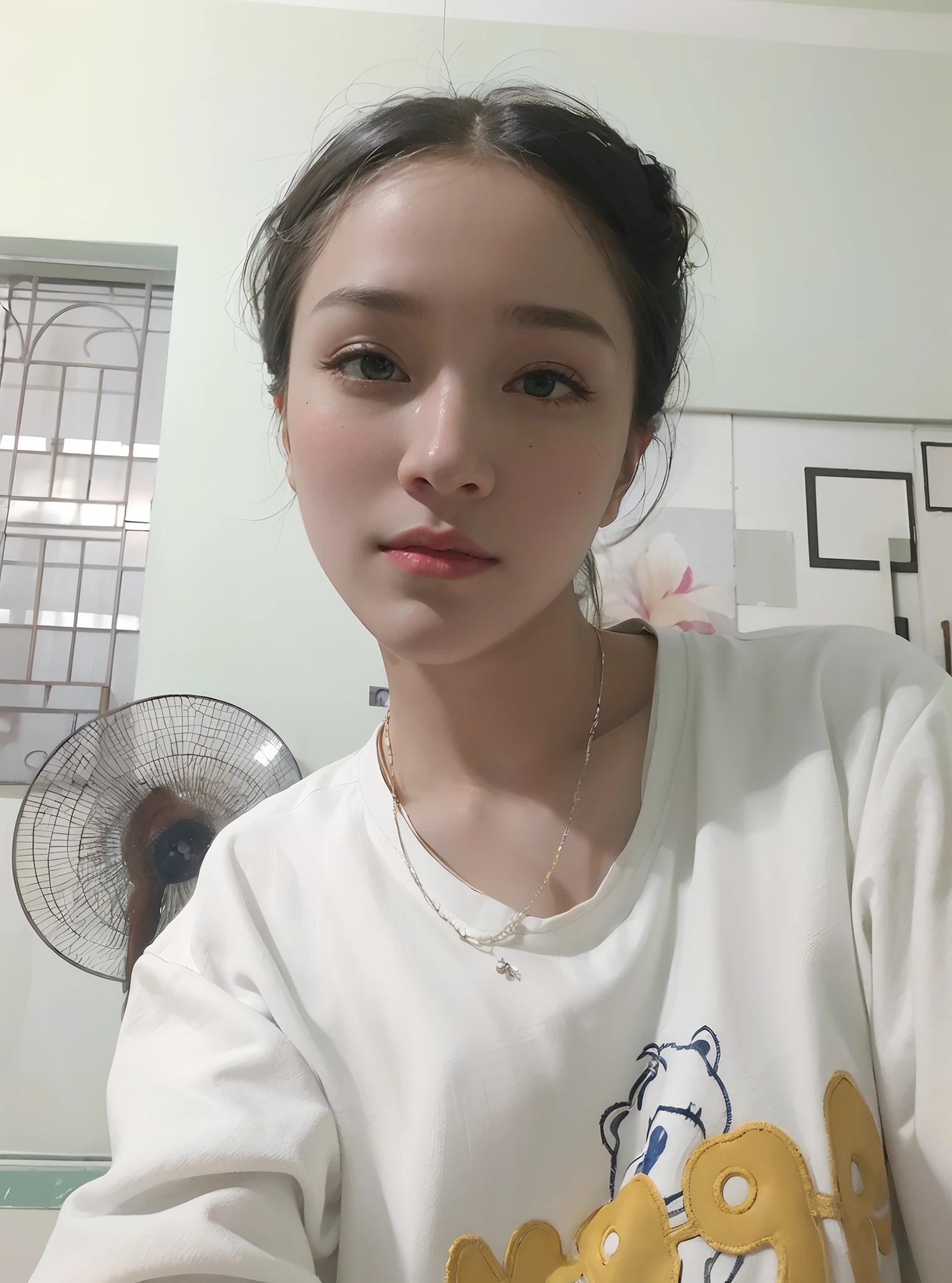 adorable, 1 girl, (face to face), 10 years old, baby face, happy, half body portrait, (face details: 1), (eye details:1), ((big breasts)). wearing transparent transparency long shirt, .. Cute posed. proportional body. Ultra High Res. realistic: 1.4, UHD, (Long Bun Hairstyle)