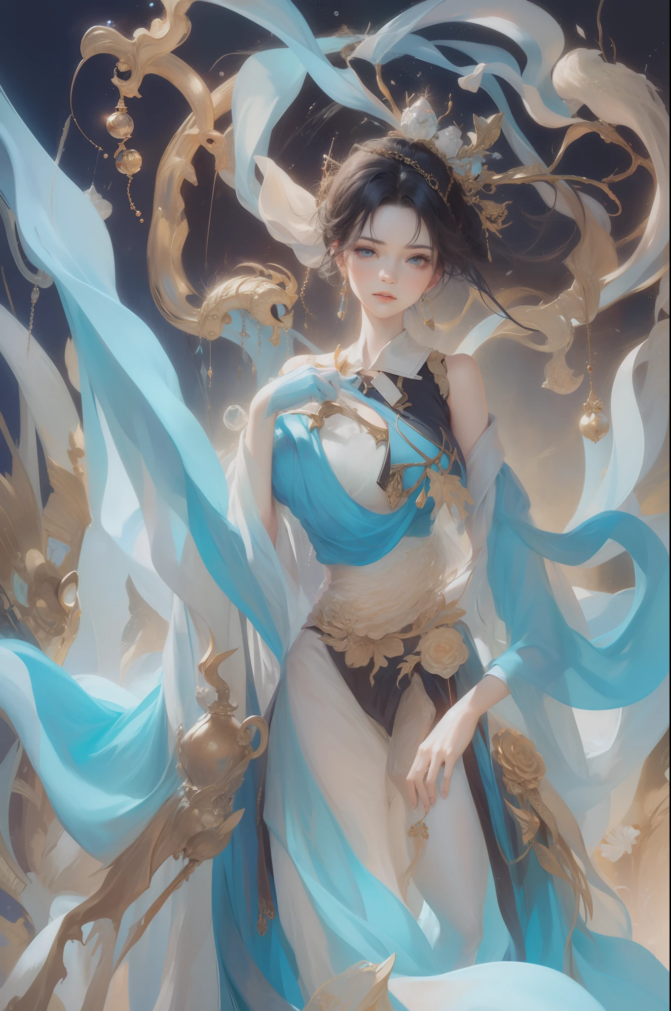 Un primer plano de una persona sosteniendo una espada y una espada, Zhongli de Genshin Impact, Hero of Xianxia, Keqing de Genshin Impact, Wuxia de cuerpo completo, Xilaxia de cuerpo completo, Personaje de Genshin Impact, inspirado por Zhao Yuan, por Yang J, Bian Lian, Heise Jinyao, Estilo de arte G Liulian,ager,(white background),ojos grandes,full body