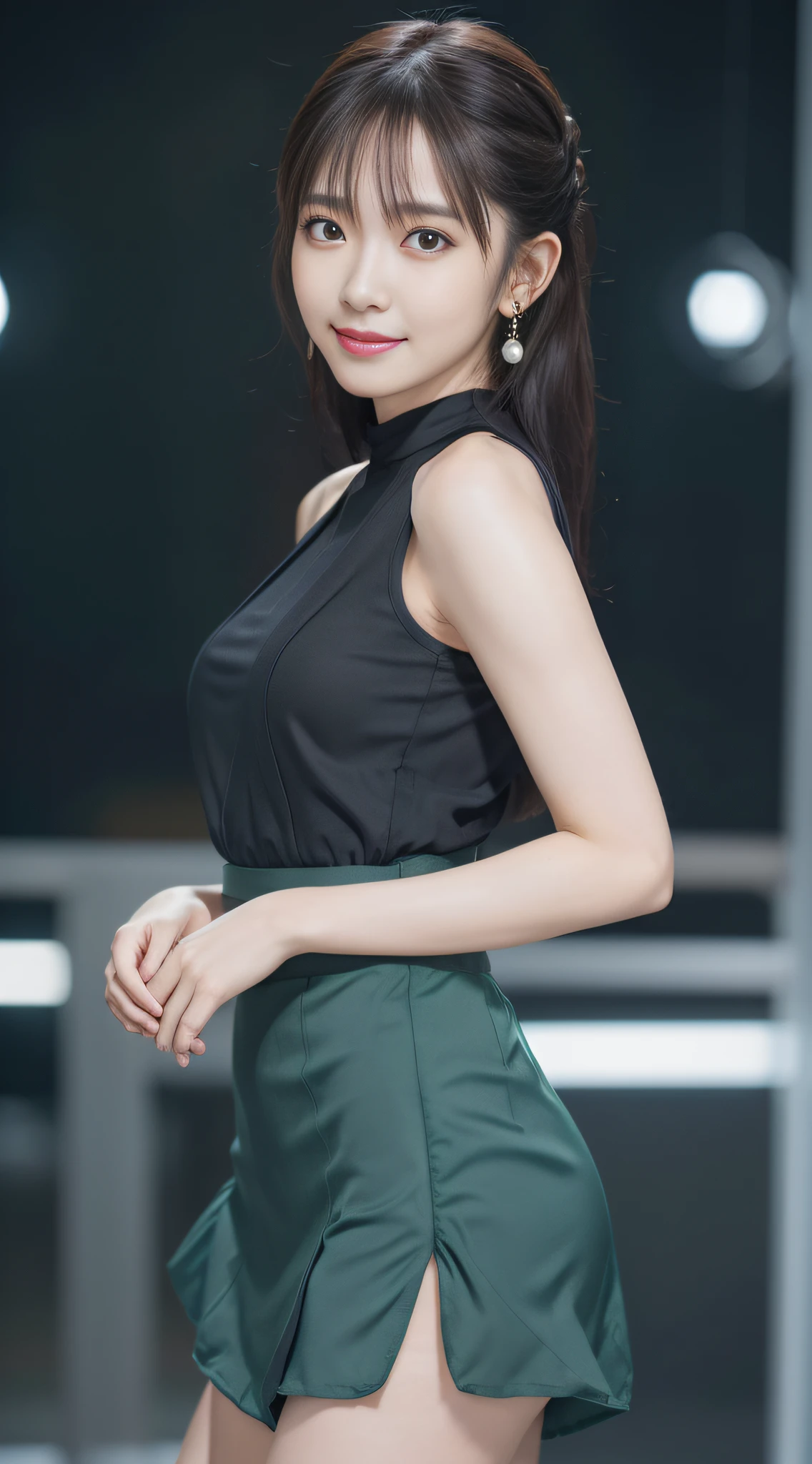 最high quality, In 8K, Masseter region, Vibrant, Sharp focus, high quality, High resolution, Detailed face, Fine grain, Red lips, (Watching the audience), alone, Beautiful woman, 38 years old, (Very short black hair:1.3)、（Bob Hair）、（Standard body shape）、（D cup breasts）、 Cleavage, , Bright afternoon、（Full body photo）、（Italy、Milan、The square in front of the church:1.5）,(Standing in the square:1.5)、（Bright green knit dress:1.6）、（Aston Martin F1 team green:1.5),（Bright green knee-length skirt:1.6）、pantyhose、（Black pumps:1.5）、（Smiling with teeth showing:1.6）、