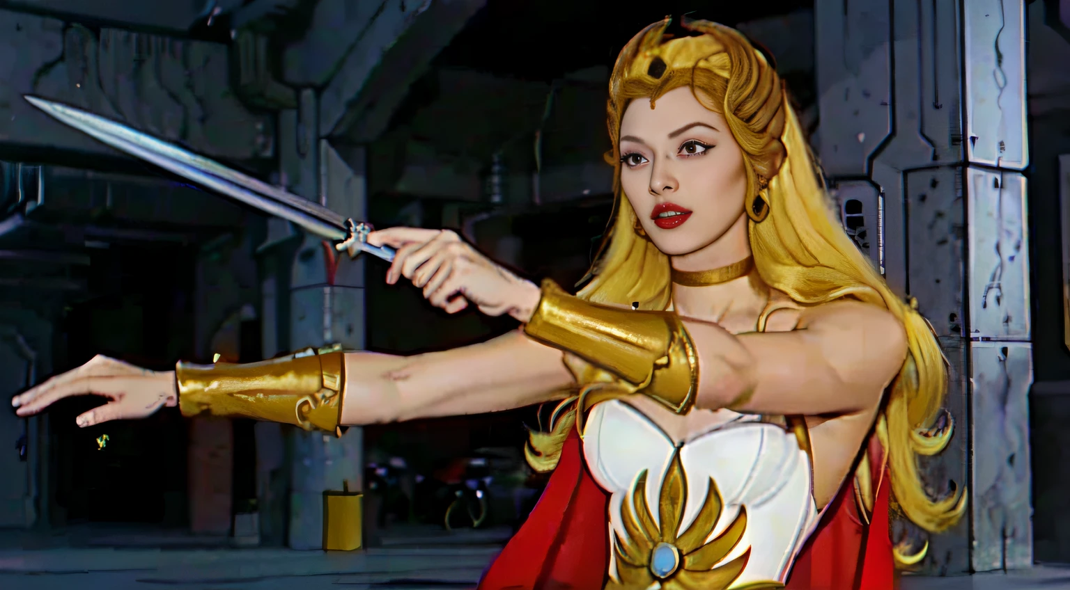 8k, high quality, unreal engine, ultra hd, hyper realistic, hyper detailed, raw photo of a 1girl, (solo:1.3),
1girl, solo, She-ra, long hair, blonde hair, blue eyes, tiara, white dress, choker, red cape, makeup, lipstick, 
breasts, medium breasts, bracer, wristband,
looking at viewer, portrait, 
weapon, sword, cape, parody, Sword of Grayskull, sword of power, 
boots, 
rating:safe,
Dynamic pose,

tall , (muscular body:1.3), (femenine hands:1.3),

skindentation, narrow waist, thighs, wide hips, half eye close, eyeliner, eyelashes, perfect face, detailed eyes, facial lighting,

looking at viewer (masterpiece, high quality:1.2)