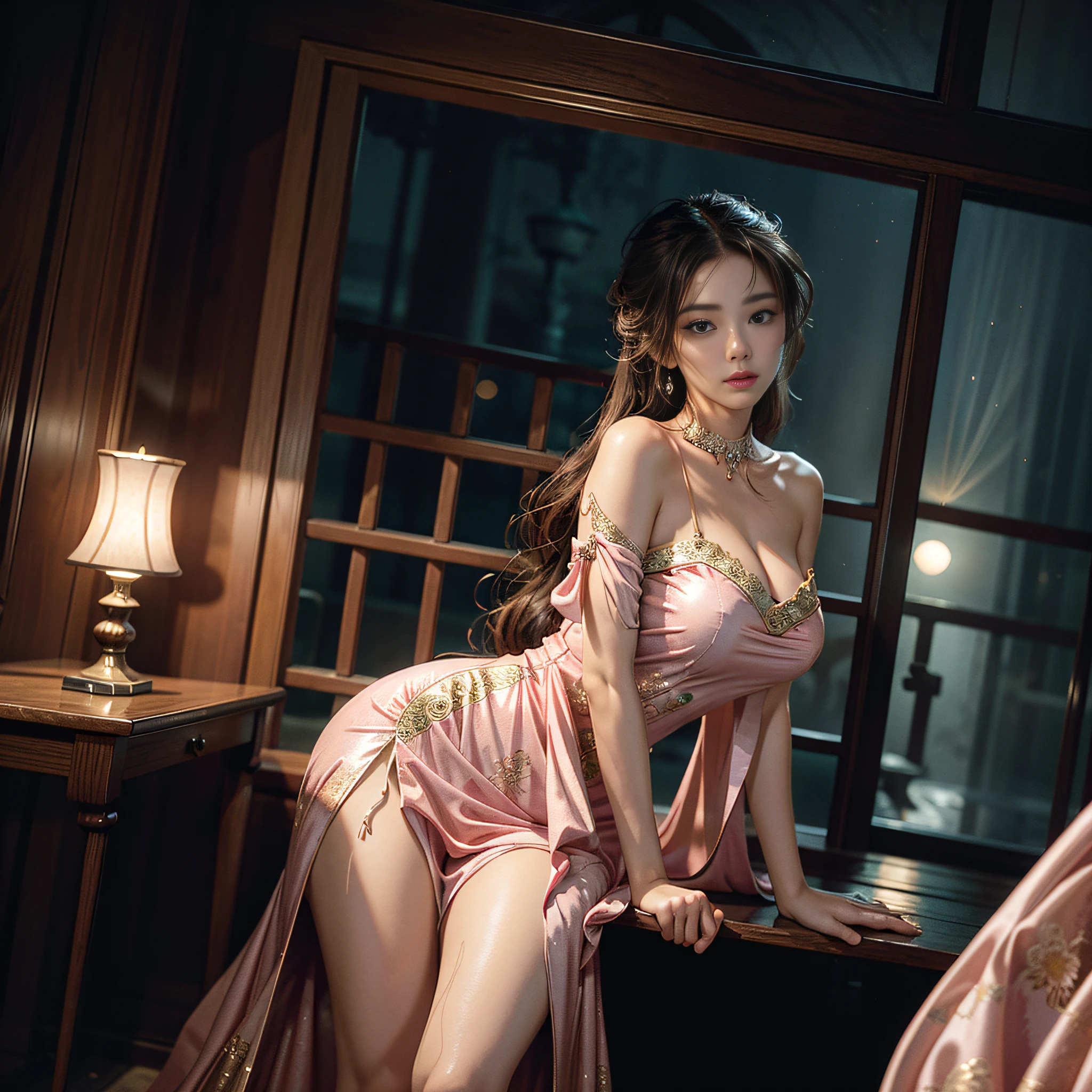 The art depicts a charming woman, 20 years old, dressed in a flowing, silky traditional oriental dress, pink, decorated with intricate patterns and bright colors. Her dress drapes elegantly over her curvy figure, accentuating her seductive silhouette. She stood gracefully in the quiet moonlit night, bathed in the soft glow of the moonlight. The scene exudes an ethereal and dreamy atmosphere, with a touch of mystery and sexiness. The graphic style blends watercolor and digital illustration techniques to evoke a refined beauty and charm. The lights are filled with soft moonlight, casting soft highlights and shadows on her charming features. Open thighs, big breasts, three-dimensional facial features, feminine, 8K, HD