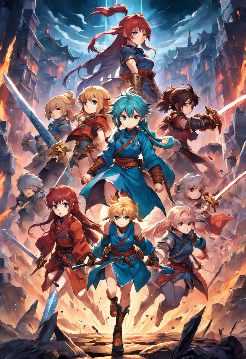masterpiece, high quality, best quality, high detail, perfect draw, a picture taken from a video game showing a group of women and man with swords, official artwork, detailed cover artwork, key art, promo art, album art, front cover of a new video game, enhanced, official art, anime cover, board game cover art, promotional art, box art, album art cover, game cover, battle chasers, official anime artwork, album cover, high quality face, high quality hand, by bestiary_style, anime, chibi, final fantasy, final fantasy tactics, battle chasers, rpg, fantasy rpg