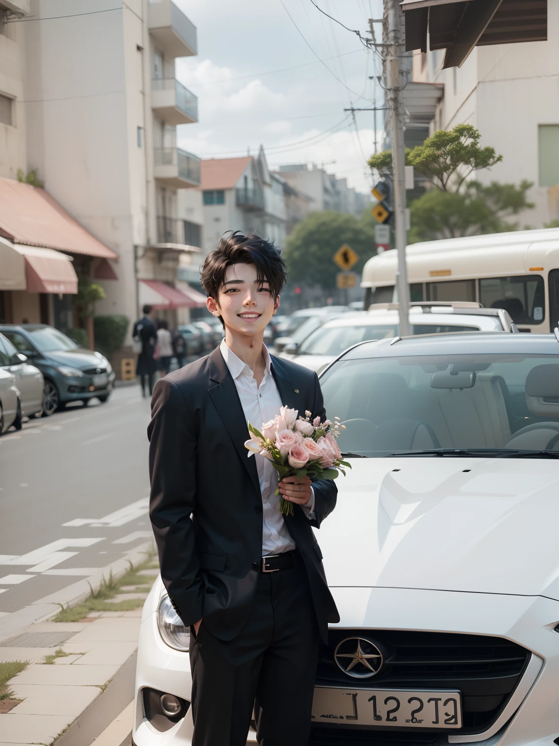 Anime, boy, style, 8k, beautiful background, full HD, beautiful smile, mec car, weading flower