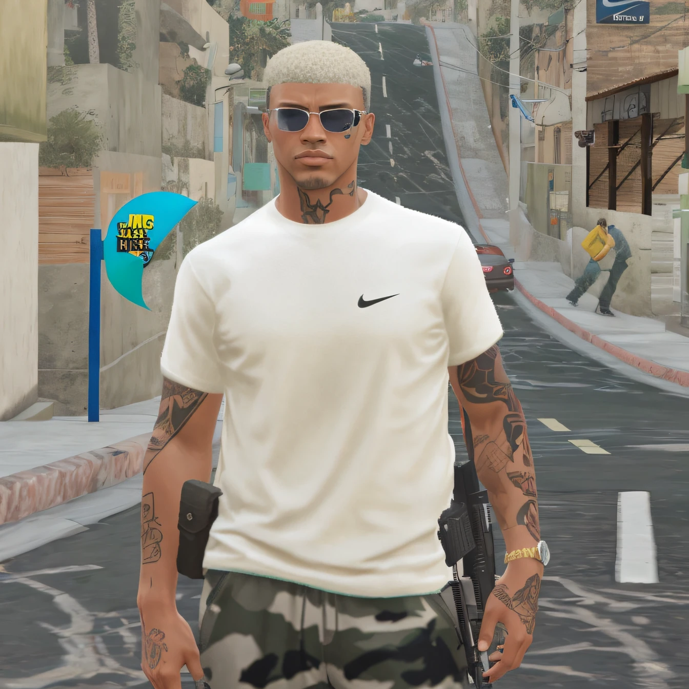 There's a man with a gun and sunglasses walking down the street, gta 5 tom de pele, como um personagem de gtav, Estilo de GTA V, gta personagem, gta v street style, gta5 estilo, parte superior do corpo altamente detalhada, camisa branca da nike com um radio na cintura, He has a strong white goatee and tattoos all over his arm. imagem qualidade de desenho animado com cores saturadas e vibrantes