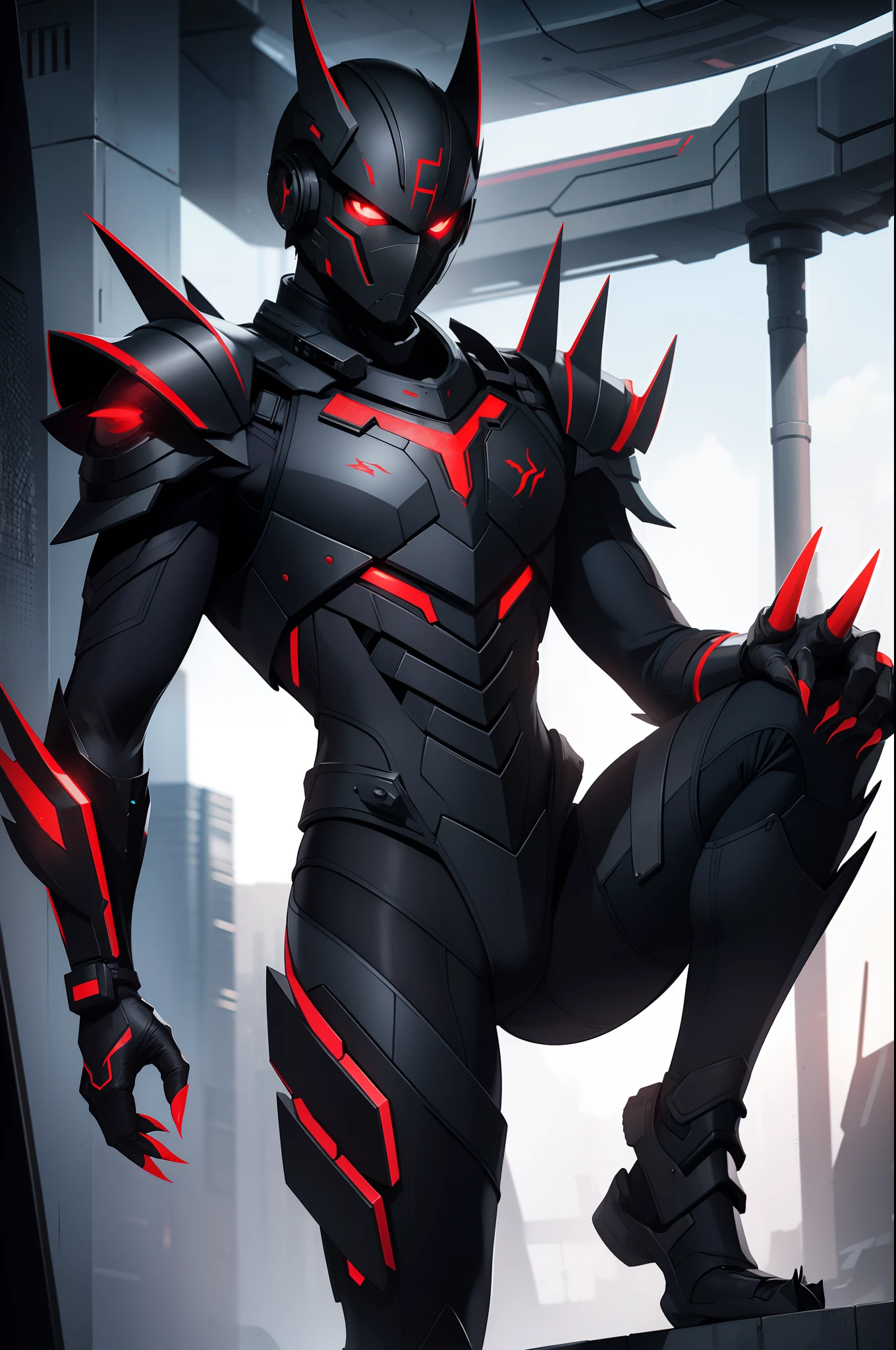 solo male, slim, black armor, sci-fi armor, red eyes, covered face, black mask, spikes, claws, up to legs