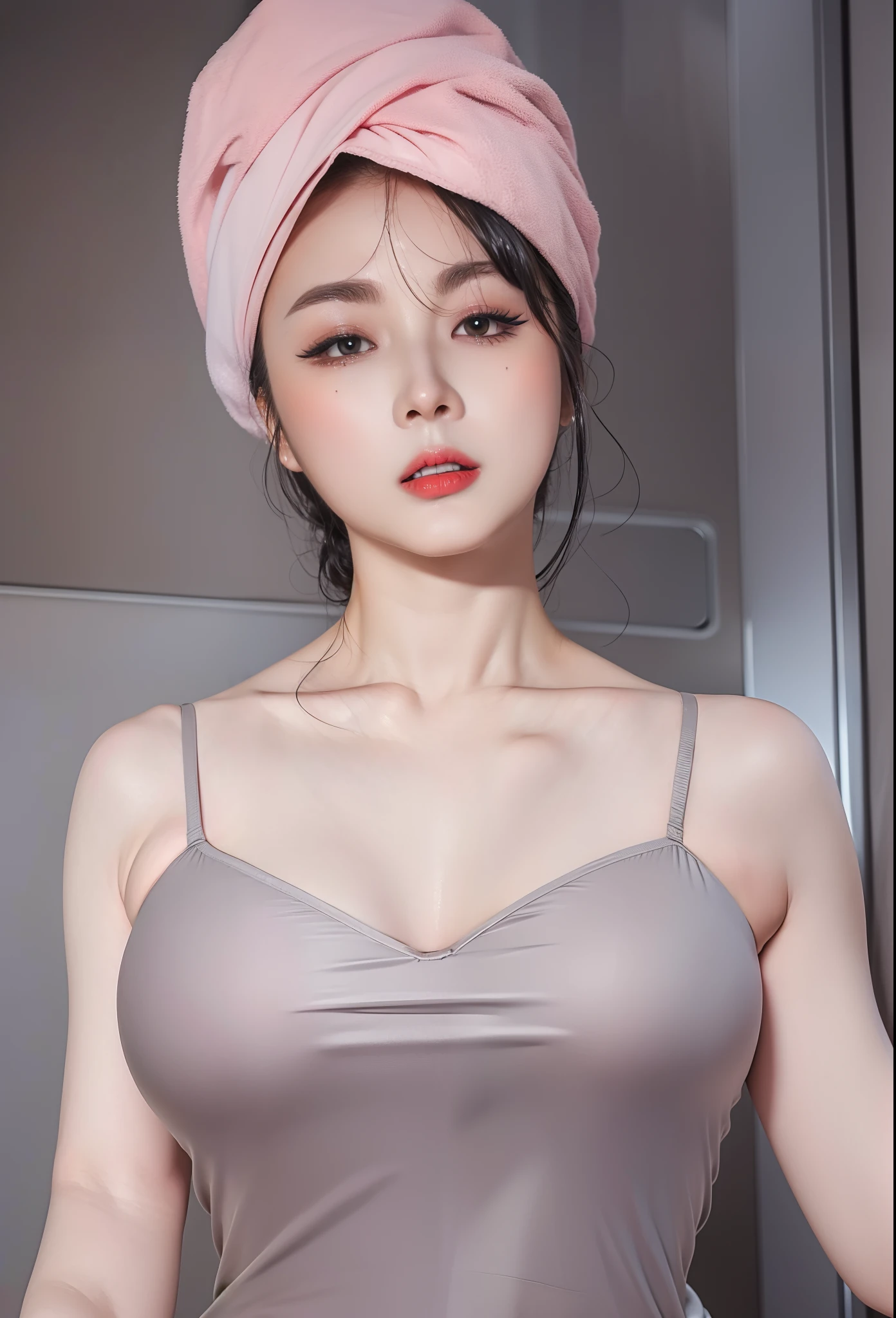 (8k, RAW photos, top quality, masterpiece: 1.2), (realistic, photorealistic: 1.37), (High Quality), (Ultra realistic), (High Details), (Face detail), (Shadow Detail), ((Gigantic huge breasts: 1.5)), (wide hips), ((big butt)), slender abs, slim belly, 1 korea girl, black hair, red earrings, soft make-up, eyeshadow, eyeliner, red lips, grey lingerie, sexy face, sexy expression, open mouth, hair towel, wet body, after shower