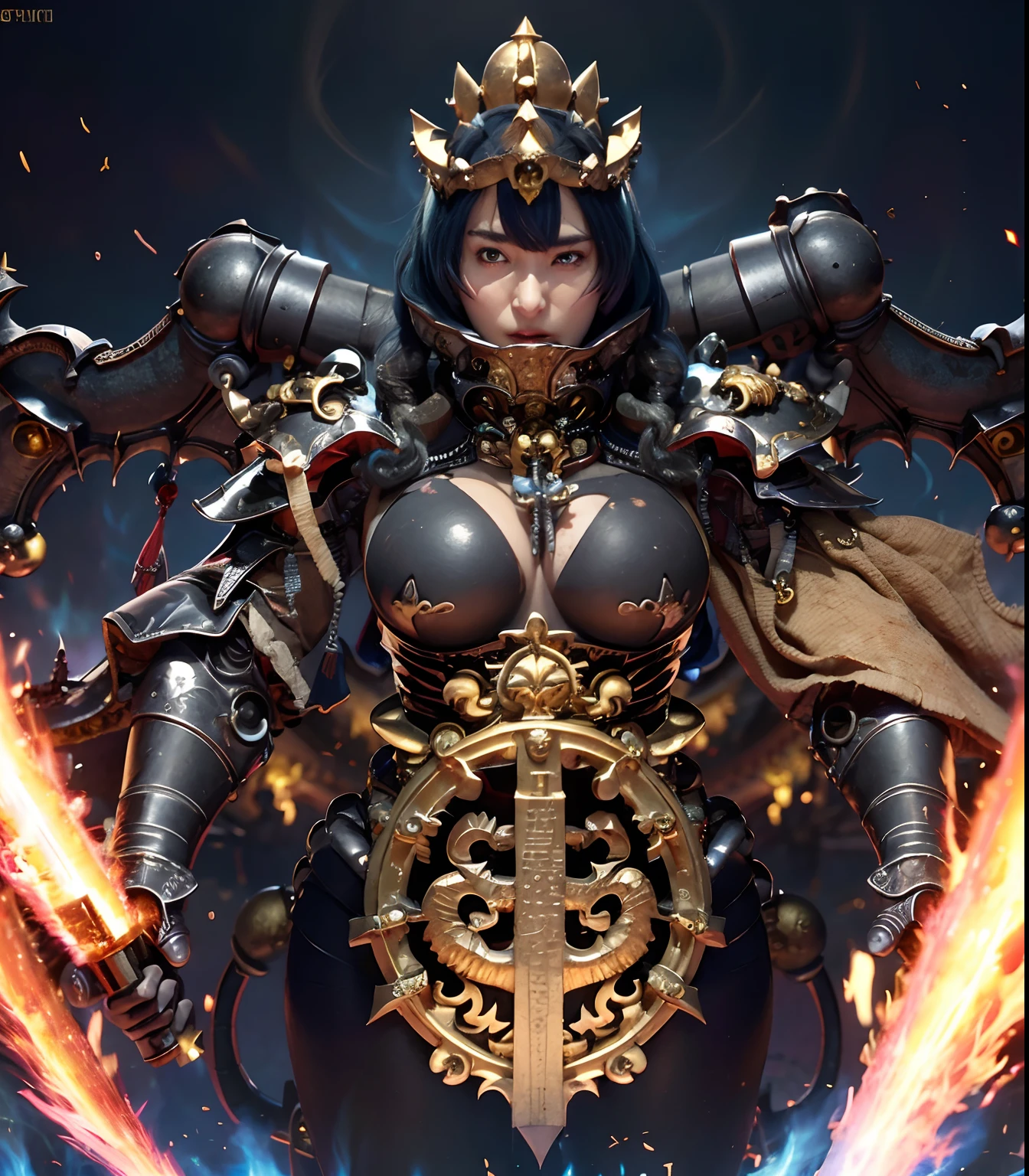(masutepiece), Professional , ​masterpiece、top-quality、photos realistic , depth of fields （Gemstone Black Metal Body:1.９),(Matte Black、（cleavage of the breast）、Dragon Gold Weapon（Dragon Metal Body:1.４),Gorgeous gold weapons ,（（ Dragon's dense and gorgeous sword）） , Beautiful knife   ,warhammer 40k , adepta sororitas,Detail and gorgeous crown、（（Blue hair））、（Castle background）、The dragon、（（Gangle's forest background））、Beautiful Caucasian beauty、（１a person）、dynamic ungle,(((Detailed and ornate Black Devil Crown)))、Smaller head、A smile、Castle background、Thin and beautiful female hands、cleavage of the breast、Soldier in iron armor on background、Mystical expression、Light Effects、Wind-effect、magic circles、With the legendary magic wand、（demonic wings）、（Blue hair）、（1 persons）、Battle Look、Anatomically correct body、Toostock、Toostock、