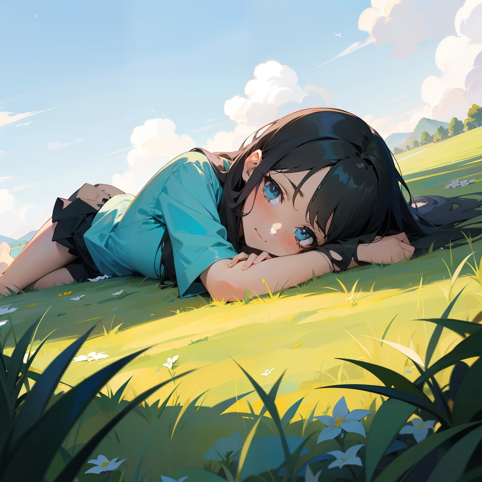 A girl lies on the grass，Looking at the sky