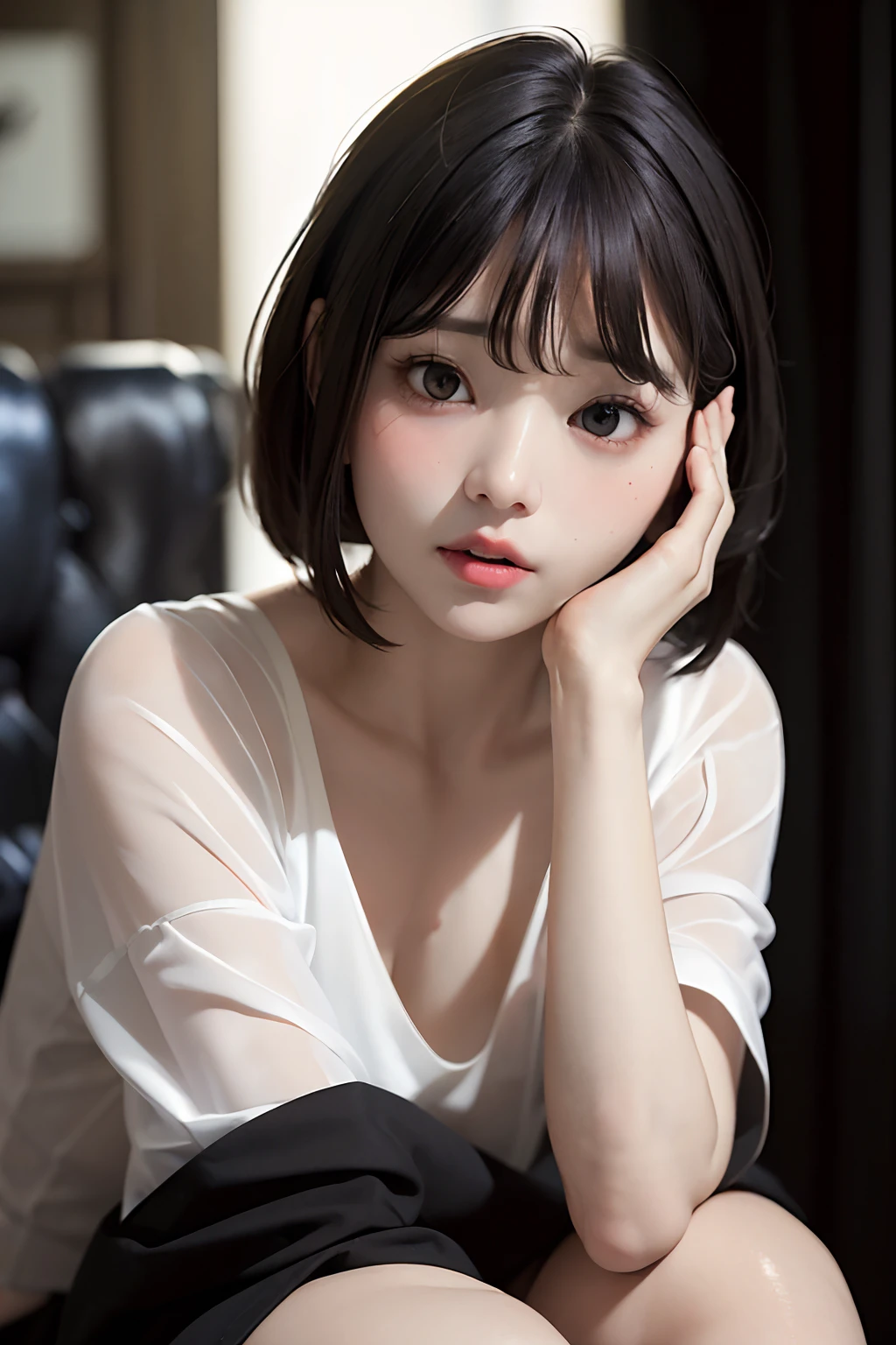 masterpiece、best qualtiy、(Dark photograph: 1.3)、Photorealsitic、1girl、Flat bangs、Stunning innocent symmetrical face、The shirt、emotional、Orchan、(PureErosFace_V1:0.7)short-cut