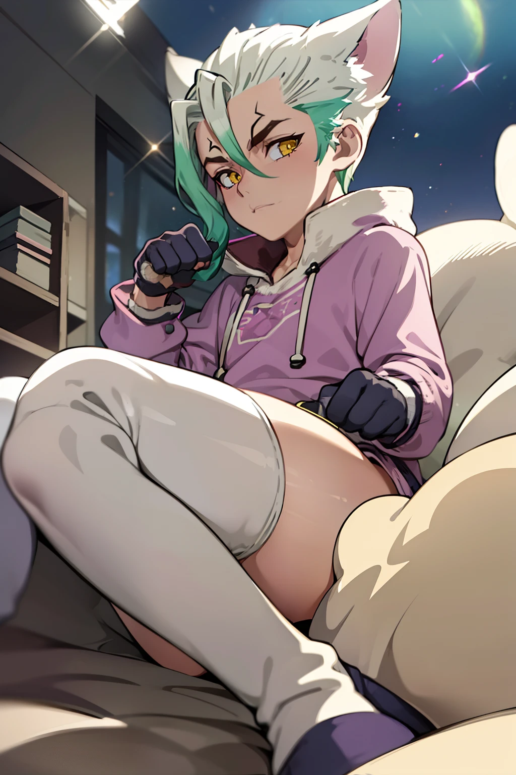 cat boy,, Solo, gloves, Fluffy clothes, Pants, Sweaters, sleeves, sox, Slippers, Pastel colors, (Purple, Blue, Pink, yellow), Cozy, Dreamy, Stars, a sticker, Bubbles, Glitter, brilliance, plushies, headphones