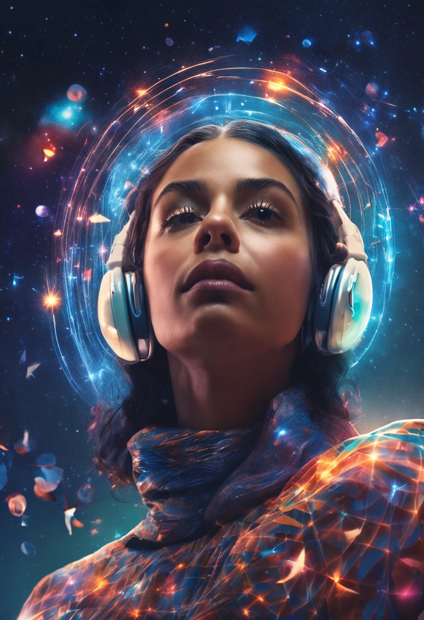 The woman of Latino aspects is floating in space, cercada por luzes e estrelas. She's wearing a white outfit, com um manto azul. Her hair is stuck in a ponytail, And she has a calm, focused expression on her face.
The lights around it are of various colors, e parecem estar fluindo em torno dela. Elas parecem representar a energia e o poder do signo de virgem. O manto azul representa a pureza e a virgindade, which are qualities associated with the sign.
The woman is in a position of meditation, and seems to be in communion with the universe. She is channeling the energy of the stars and the lights., e usando-a para curar e purificar o mundo.