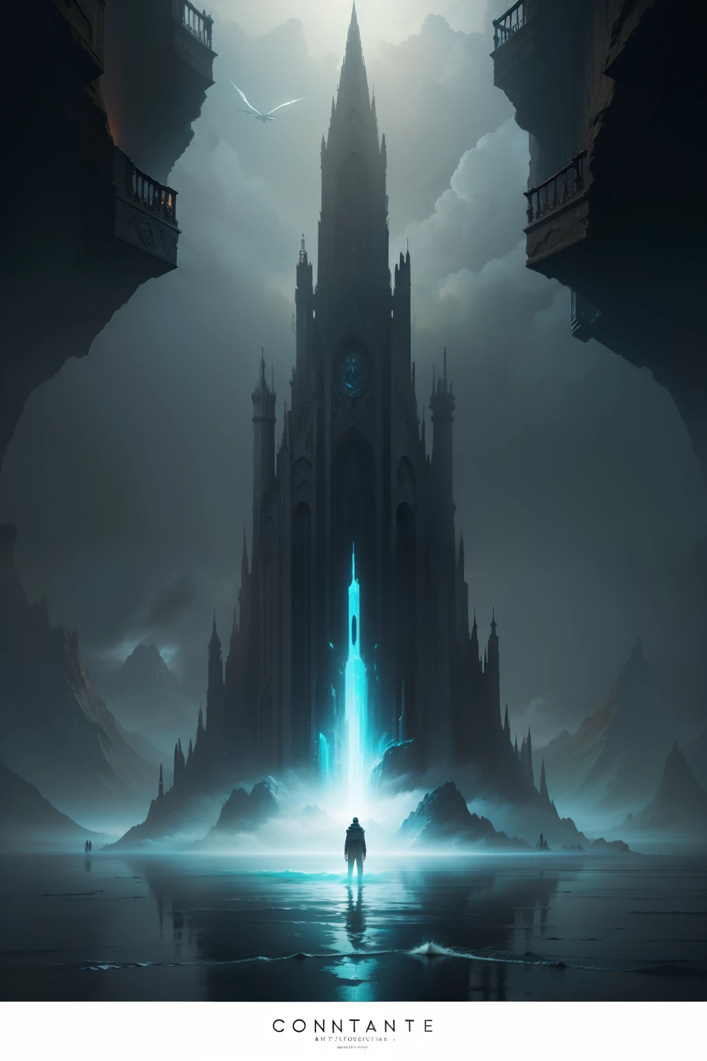 Painting of a man standing on a cliff looking at a spaceship in the ocean, album cover concept art, concept piece, inspirado em Patrick Tilp, Water Temple, arte conceitual oficial, Vencedor do concurso Artstation, arte conceitual intocada, Concept Art Digital Illustration, deviantart artstation cgscosiety, conceito artstation, arte conceitual surreal, arte psytrance