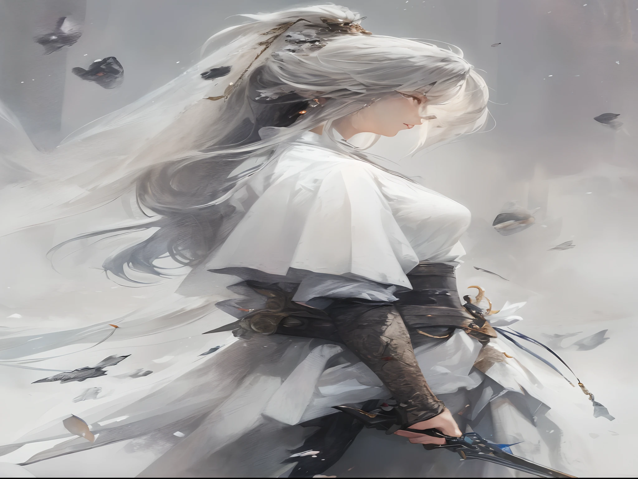 a close up of a woman with a sword in a white dress, a character portrait by Yang J, trending on cgsociety, fantasy art, beautiful character painting, artwork in the style of guweiz, guweiz, white hanfu, flowing white robes, full body wuxia, epic exquisite character art, stunning character art, beautiful female assassin