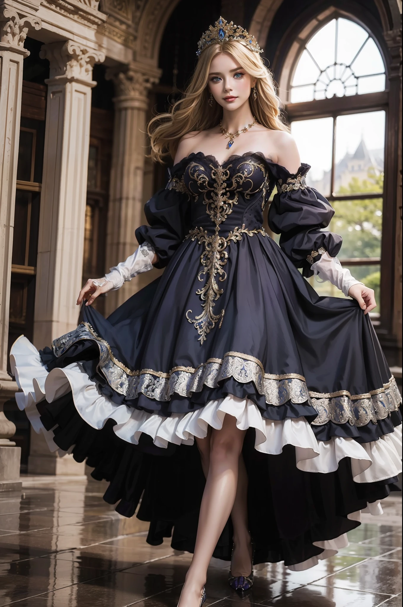 ((top-quality、​masterpiece、photographrealistic:1.4、in 8K))、Beautuful Women、18year old、Beautiful expression、a blond、extremely detailed eye and face、beatiful detailed eyes、Formal Gloves、（Purple luxury dress、Headdress in the style of medieval Europe)、Luxury accessories、（Stroll through ancient European ruins。European style castle in the background）、Glass shoes、Cinematic lighting、Textured skin、Super Detail、high detailing、High quality、hight resolution、Looking at Viewer、Elegant smile、Full body、europian、a plant、ivy