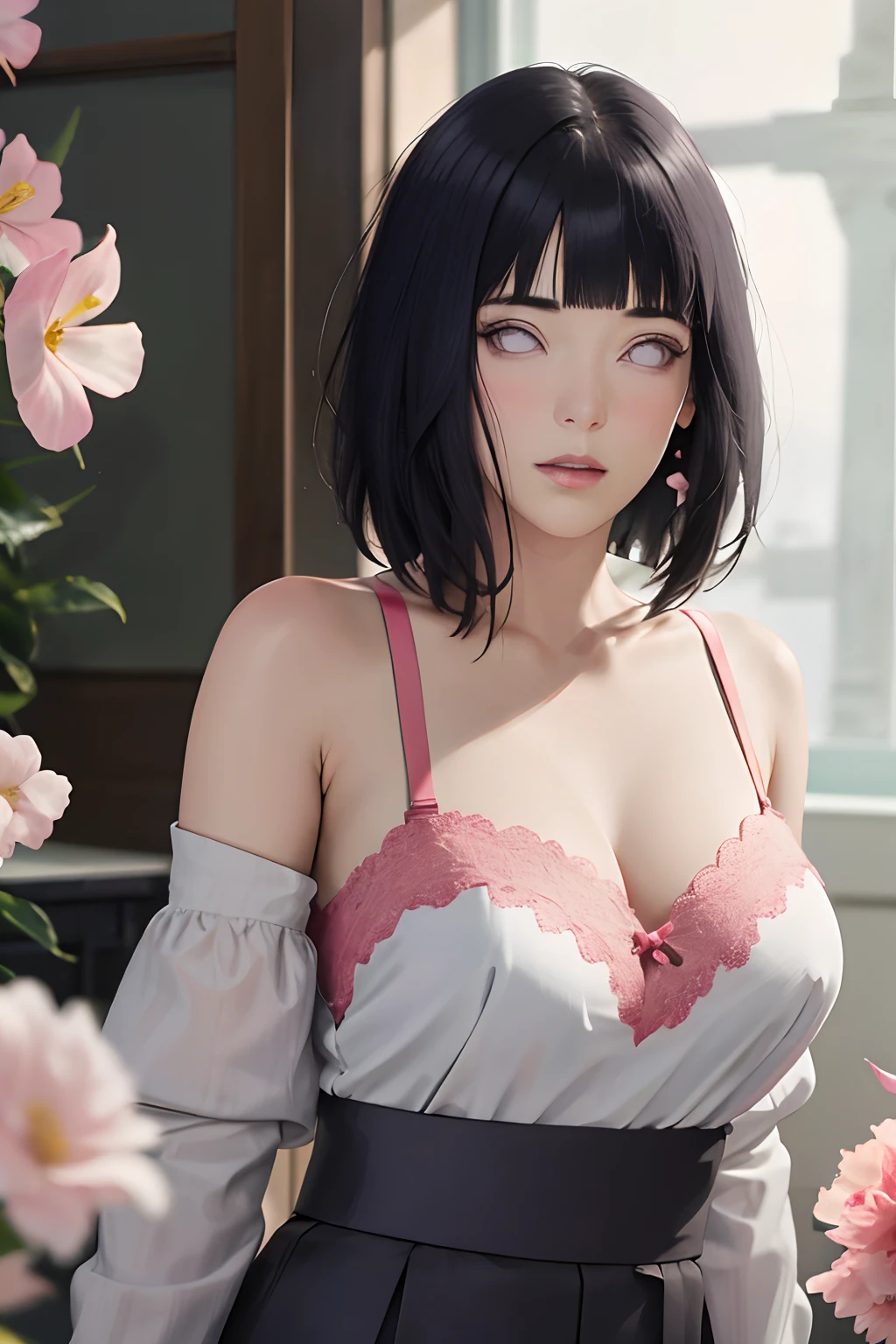 masterpiece, absurdres, hinata\(boruto\), 1girl, solo,mature female, off-shoulder strap bra, high waist short skirt, looking at viewer, (falling petals), perfect composition, detailed lips, big breast, beautiful face, body propotion, blush, (pink lips), long hair,  purple eyes,  soft gaze,  super realistic, detailed, photoshoot, realistic face and body,