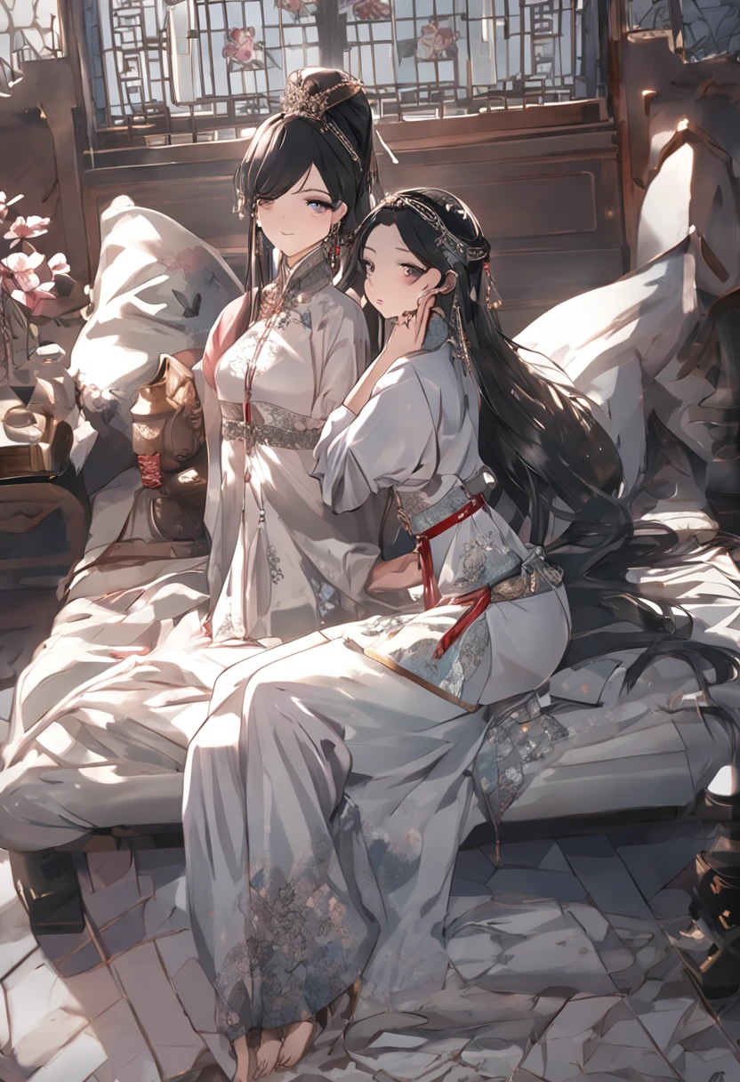 best quality, masterpiece, highres, 3 noble girls, luxury chambers bedroom background, lying on bed, lesbians, making out, kissing, intimate, laying on eachother, kneeling, shot from behind, touching eachother, seducing, snapping, eighteen forbidden, asian style, hanfu, white and even teeth, irises, full body shot, shot from behind, chinese women's clothing, chinese traditional dress, long dress, different colors, wearing a nightgown thin lace deep slit chest, chinese underwear, stockings, wearing stockings, all wearing stockings, lace stockings, mesh stockings with hooks on underwear, garter belt, high heels, high boots, wearing high leather boots, high latex boots, corsait, turtleneck polo lace top, choker, leash, BDSM, chains, chained, long gloves, makeup, eyes with very sharp and detailed makeup, lipstick, very long hair, ponytail, hair ornaments, necklace, jewelry, crown jewelry, Pretty face, magic import style, tyndall effect, photo realistic, dark studio, border light, two tone light, (high detail skin: 1.2), 8k uhd, dslr , soft light, high quality, volumetric light, candid, Photo , high resolution, 4k, 8k, Bokeh, In the Dark: 1.6), surreal full body of women by David Hockney and Alphonse Mucha, fantasy art, photorealism, dynamic lighting, station art, posters, volumetric lighting, highly detailed faces , super 8k, Awarded, in the dark, deep shadow, low light, bust, Royal style family, Best face, Very round and tight breasts, Surreal, guweiz, (full body), (Background detail 1.8), moderately big butt, --auto