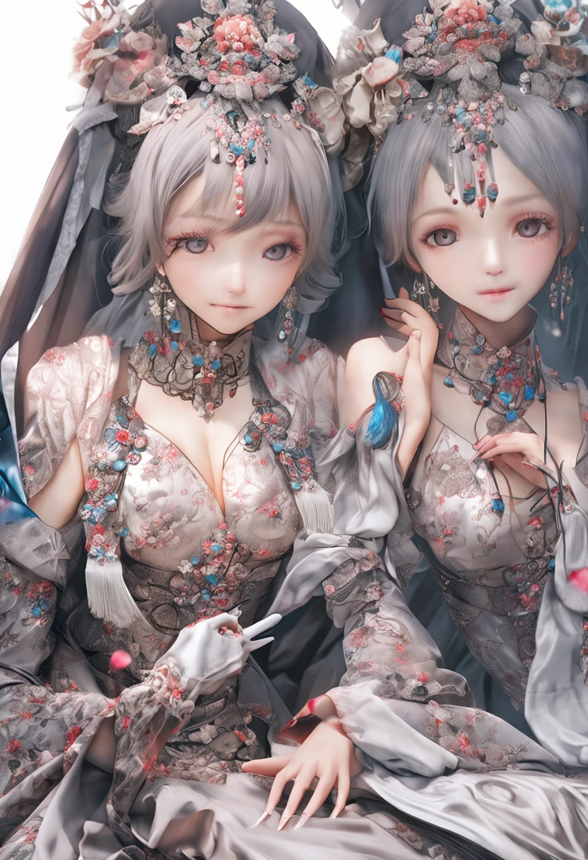 best quality, masterpiece, highres, 3 noble girls, luxury chambers bedroom background, lying on bed, lesbians, making out, kissing, intimate, laying on eachother, kneeling, shot from behind, touching eachother, seducing, snapping, eighteen forbidden, asian style, hanfu, white and even teeth, irises, full body shot, shot from behind, chinese women's clothing, chinese traditional dress, long dress, different colors, wearing a nightgown thin lace deep slit chest, chinese underwear, stockings, wearing stockings, all wearing stockings, lace stockings, mesh stockings with hooks on underwear, garter belt, high heels, high boots, wearing high leather boots, high latex boots, corsait, turtleneck polo lace top, choker, leash, BDSM, chains, chained, long gloves, makeup, eyes with very sharp and detailed makeup, lipstick, very long hair, ponytail, hair ornaments, necklace, jewelry, crown jewelry, Pretty face, magic import style, tyndall effect, photo realistic, dark studio, border light, two tone light, (high detail skin: 1.2), 8k uhd, dslr , soft light, high quality, volumetric light, candid, Photo , high resolution, 4k, 8k, Bokeh, In the Dark: 1.6), surreal full body of women by David Hockney and Alphonse Mucha, fantasy art, photorealism, dynamic lighting, station art, posters, volumetric lighting, highly detailed faces , super 8k, Awarded, in the dark, deep shadow, low light, bust, Royal style family, Best face, Very round and tight breasts, Surreal, guweiz, (full body), (Background detail 1.8), moderately big butt, --auto
