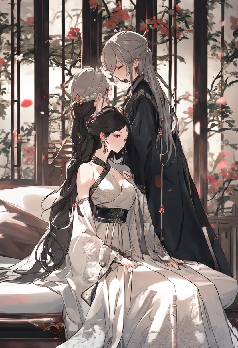 best quality, masterpiece, highres, 3 noble girls, luxury chambers bedroom background, lying on bed, lesbians, making out, kissing, intimate, laying on eachother, kneeling, shot from behind, touching eachother, seducing, snapping, eighteen forbidden, asian style, hanfu, white and even teeth, irises, full body shot, shot from behind, chinese women's clothing, chinese traditional dress, long dress, different colors, wearing a nightgown thin lace deep slit chest, chinese underwear, stockings, wearing stockings, all wearing stockings, lace stockings, mesh stockings with hooks on underwear, garter belt, high heels, high boots, wearing high leather boots, high latex boots, corsait, turtleneck polo lace top, choker, leash, BDSM, chains, chained, long gloves, makeup, eyes with very sharp and detailed makeup, lipstick, very long hair, ponytail, hair ornaments, necklace, jewelry, crown jewelry, Pretty face, magic import style, tyndall effect, photo realistic, dark studio, border light, two tone light, (high detail skin: 1.2), 8k uhd, dslr , soft light, high quality, volumetric light, candid, Photo , high resolution, 4k, 8k, Bokeh, In the Dark: 1.6), surreal full body of women by David Hockney and Alphonse Mucha, fantasy art, photorealism, dynamic lighting, station art, posters, volumetric lighting, highly detailed faces , super 8k, Awarded, in the dark, deep shadow, low light, bust, Royal style family, Best face, Very round and tight breasts, Surreal, guweiz, (full body), (Background detail 1.8), moderately big butt, --auto