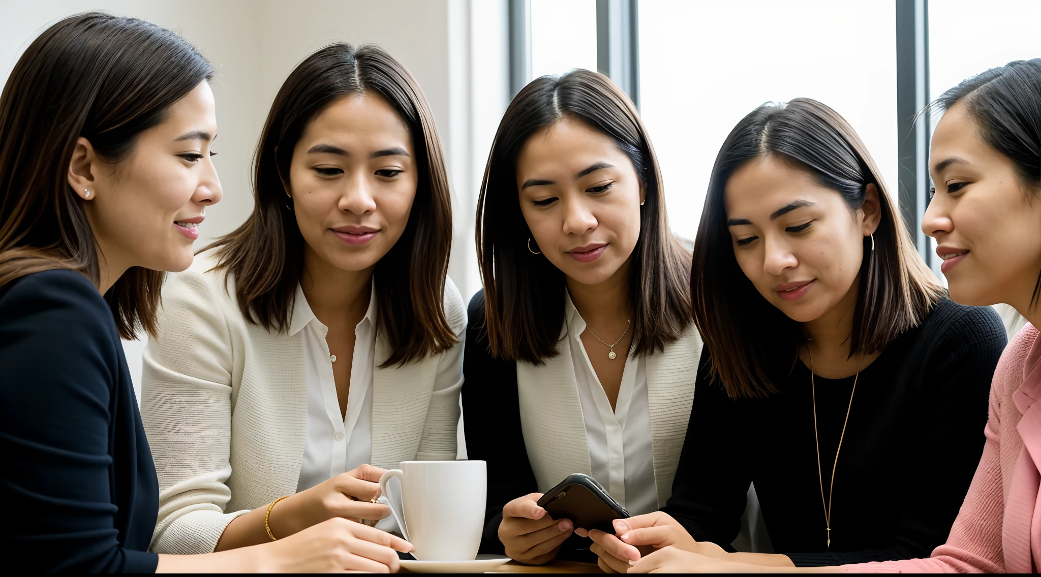 instagram photo, closeup face photo A candid moment capturing a group of women researchers discussing findings, collaboration, knowledge-sharing, Fujifilm X-T4 with 35mm f/1.4 lens, soft indoor lighting, candid photography