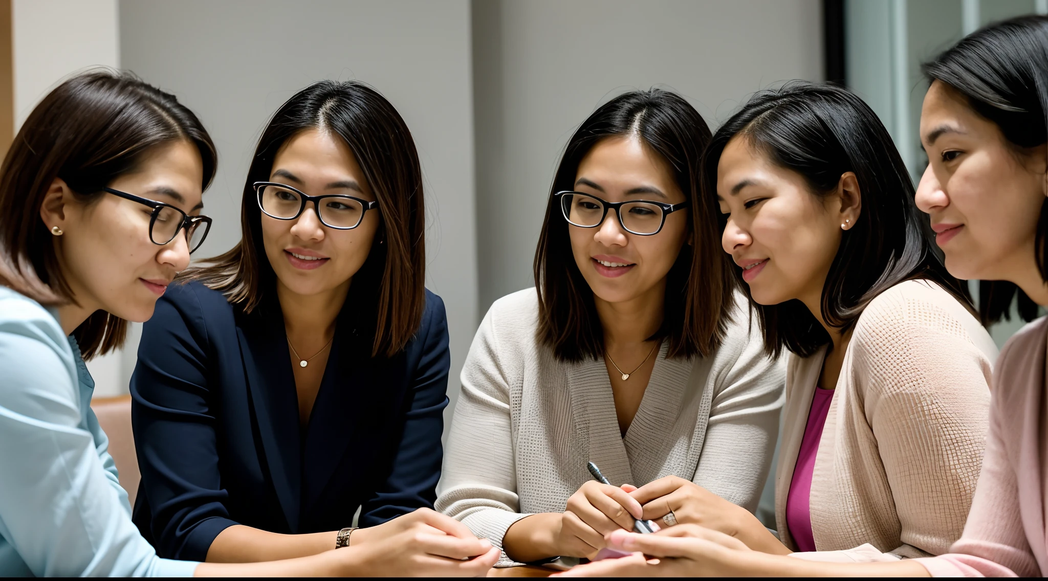 instagram photo, closeup face photo A candid moment capturing a group of women researchers discussing findings, collaboration, knowledge-sharing, Fujifilm X-T4 with 35mm f/1.4 lens, soft indoor lighting, candid photography