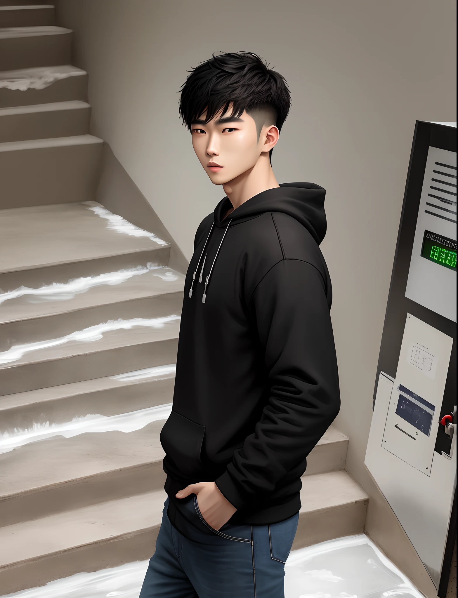Fair skin,Black sweatshirt,Chinese University Student,Handsome,Handsome guy in the salt system,185,Against the stair railing