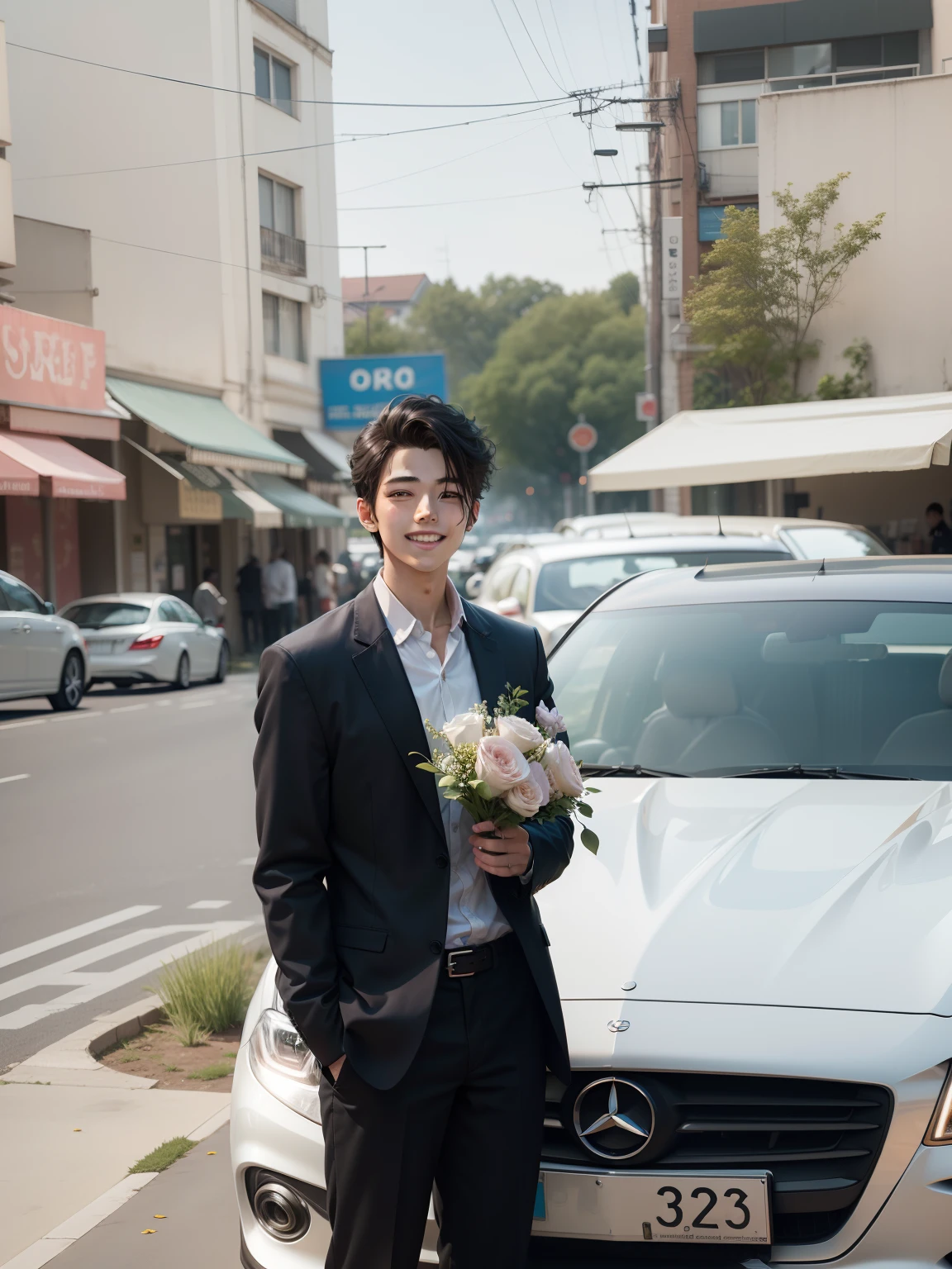 Anime, boy, style, 8k, beautiful background, full HD, beautiful smile, mercedes car, weading flower