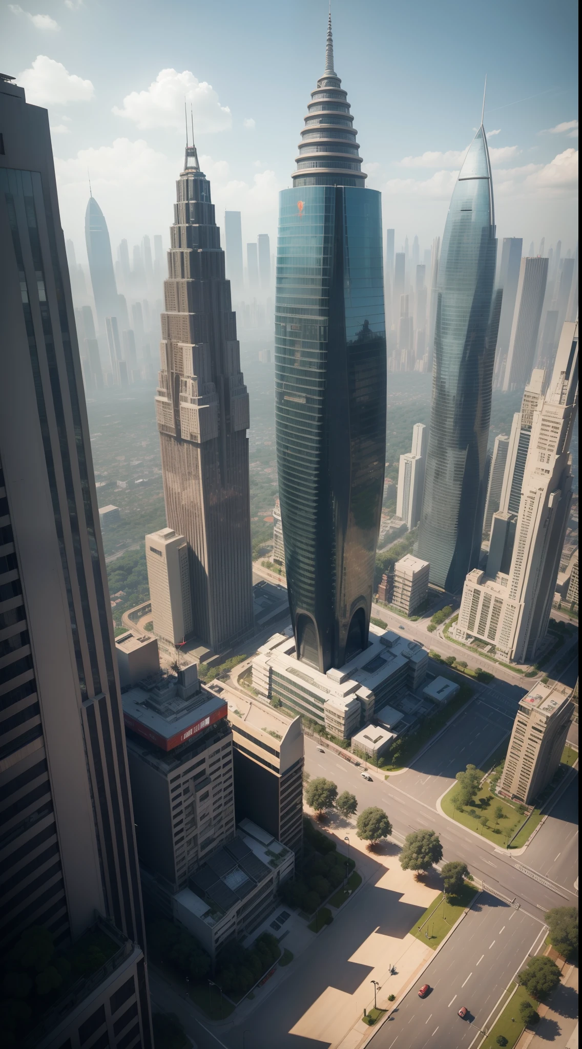 Jakartha city, Indonesia in the year 2200, tall buildings, Indonesian flag in top of the building, Alien building, trees, roads,cars, flaying cars, Avengers,science fiction city, futuristic city, full HD image, 3D image 16k, Indonesian city, Indonesian dreem, Indonesian flag every where , high quality images