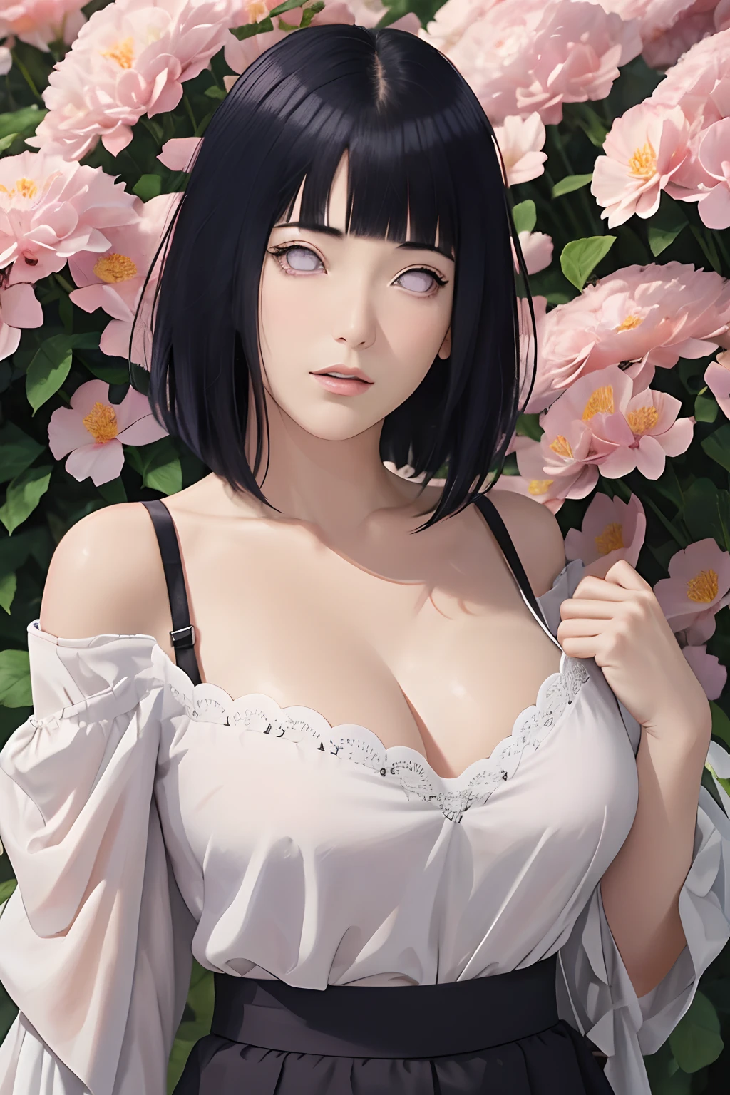 masterpiece, absurdres, hinata\(boruto\), 1girl, solo,mature female, off-shoulder strap bra, high waist short skirt, looking at viewer, (falling petals), perfect composition, detailed lips, big breast, beautiful face, body propotion, blush, (pink lips), long hair, purple eyes, soft gaze, super realistic, detailed, photoshoot, realistic face and body,
