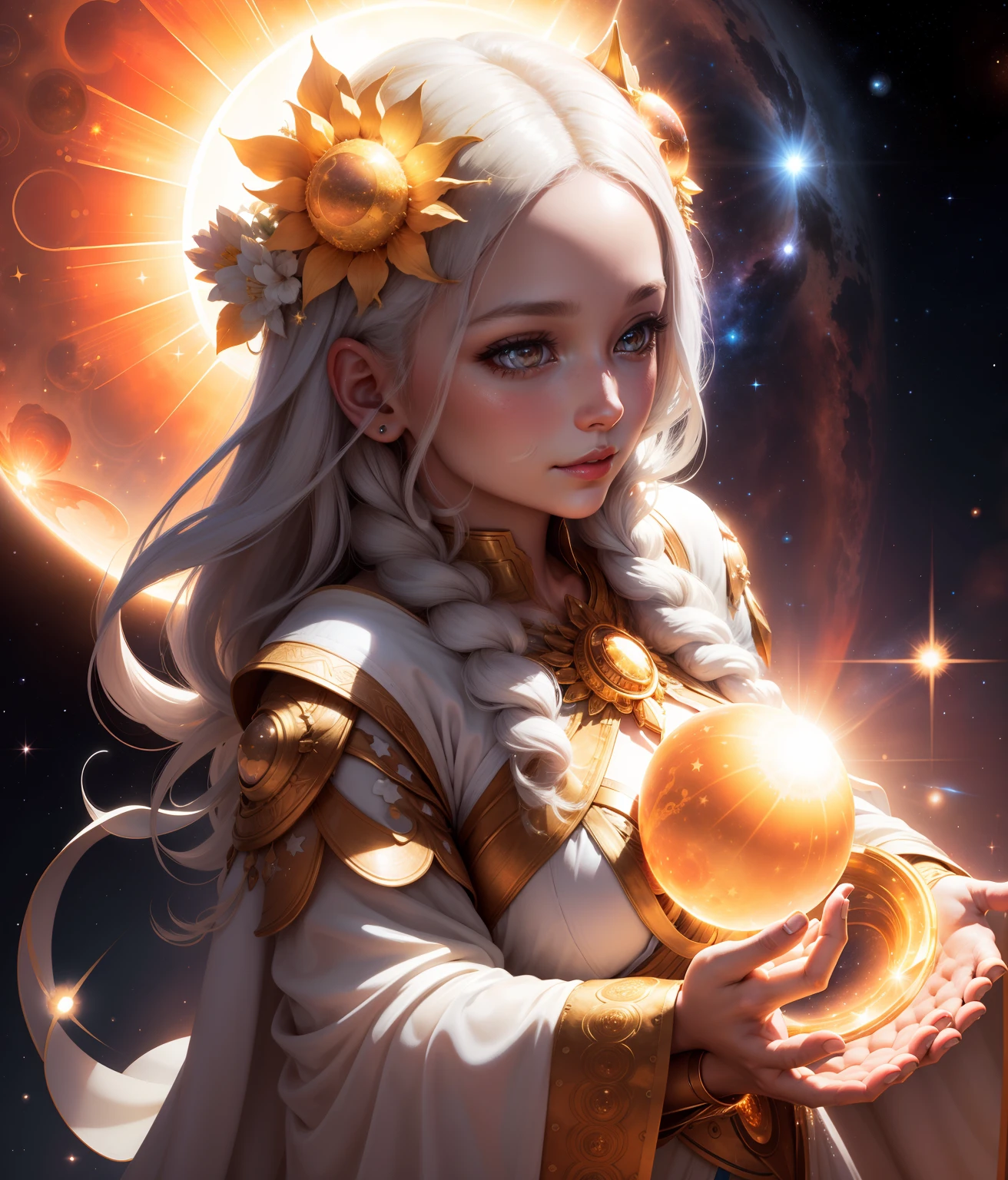 A beautiful being like a goddess is holding a bright sun in her hands in space there are nebulae and stars on the scene, The character is almost transparent and has bright white eyes, obra-prima artstation, space, Planetas, Estrelas, sol, solar flares, Realistic