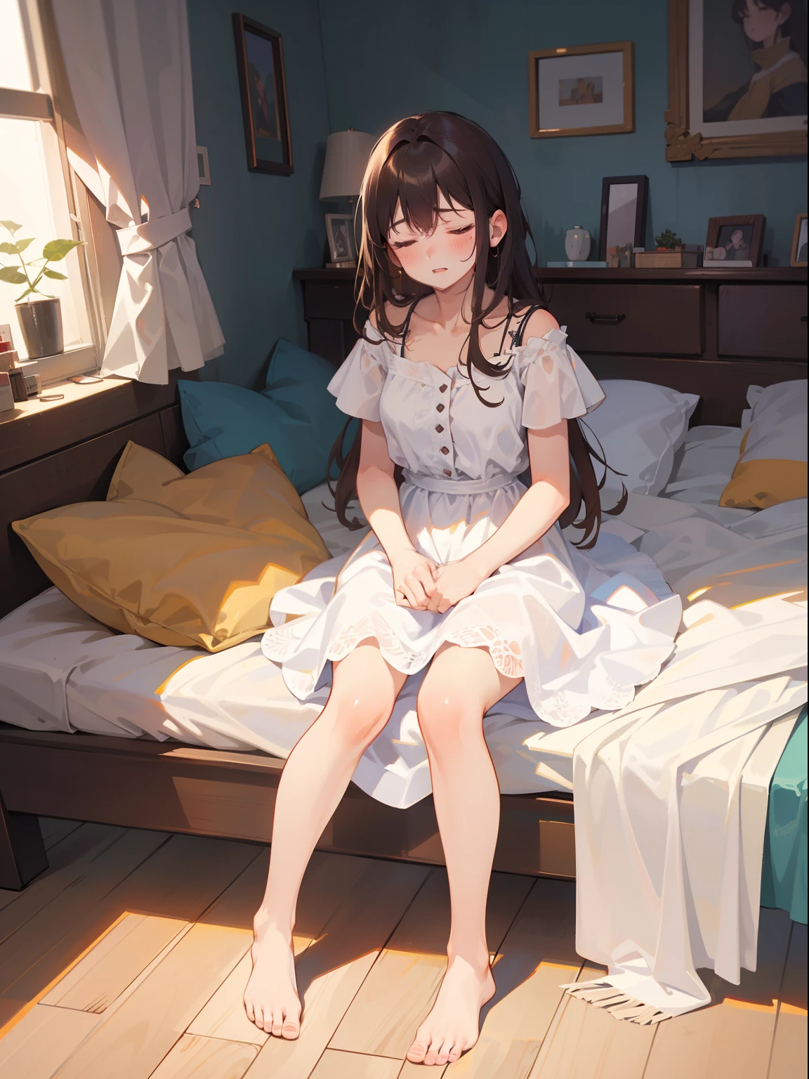 (masterpiece), (best quality), ultra high res, sharp focus, warm pastel tone, ((1 woman, solo)), full body, dutch shot, beautiful detailed hair, chestnut brown hair, long hair tumbles down, beautiful detailed face, (close eyes:1.2)0 shut eyes, tired face, perfect feminine face, looking at the viewer, open lips, sigh, (feminine light dress:1.3), in the comfortable bedroom, is sitting down on the floor, bare feet