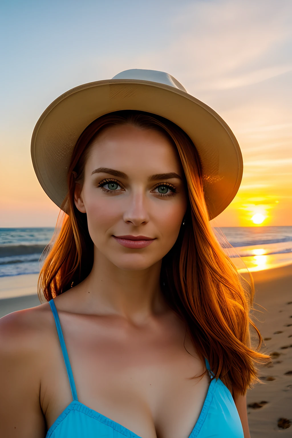 a portrait of a beautiful woman, (Height 1.2), Sie hat langes, gewelltes und rotes Haar, Sonnenuntergang, sun-kissed, Sonnenschein,am Strand,blaue Augen