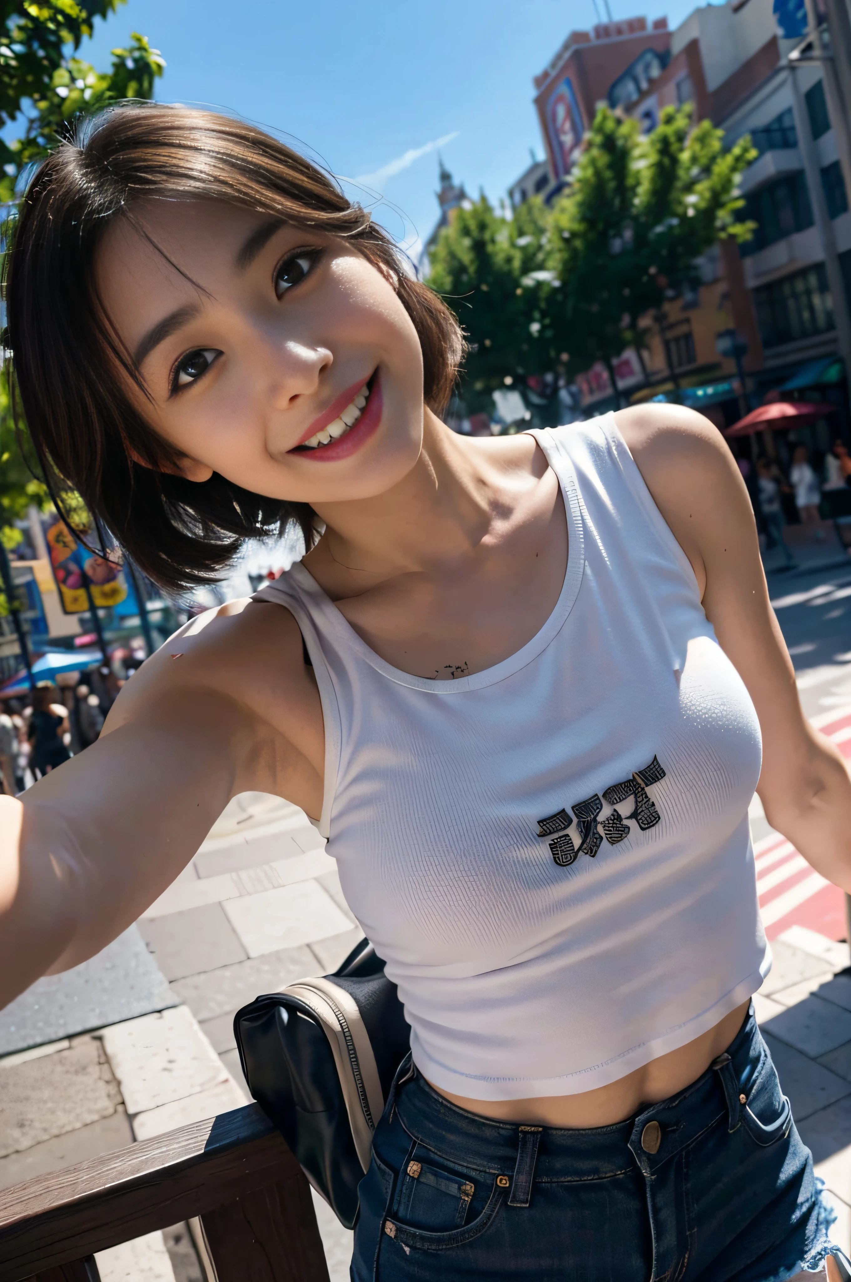 8K, masutepiece, Best Quality, Photorealistic, Ultra-detailed, 1 girl、(Osaka USJ Zombie), Realistic skin texture,white teeth smile、Fun Medium Breasted, gazing at viewer, Smile, cropped shirt, skinny T-shirt, Tank top,( underboobs, under the boobs), Micro Mini Skirt, Hot Pants, Shorts, Movie Lighting, Face Focus, Fine eyes, Detailed face, Bright face, day light,( Disney land), low angle shot, View from below