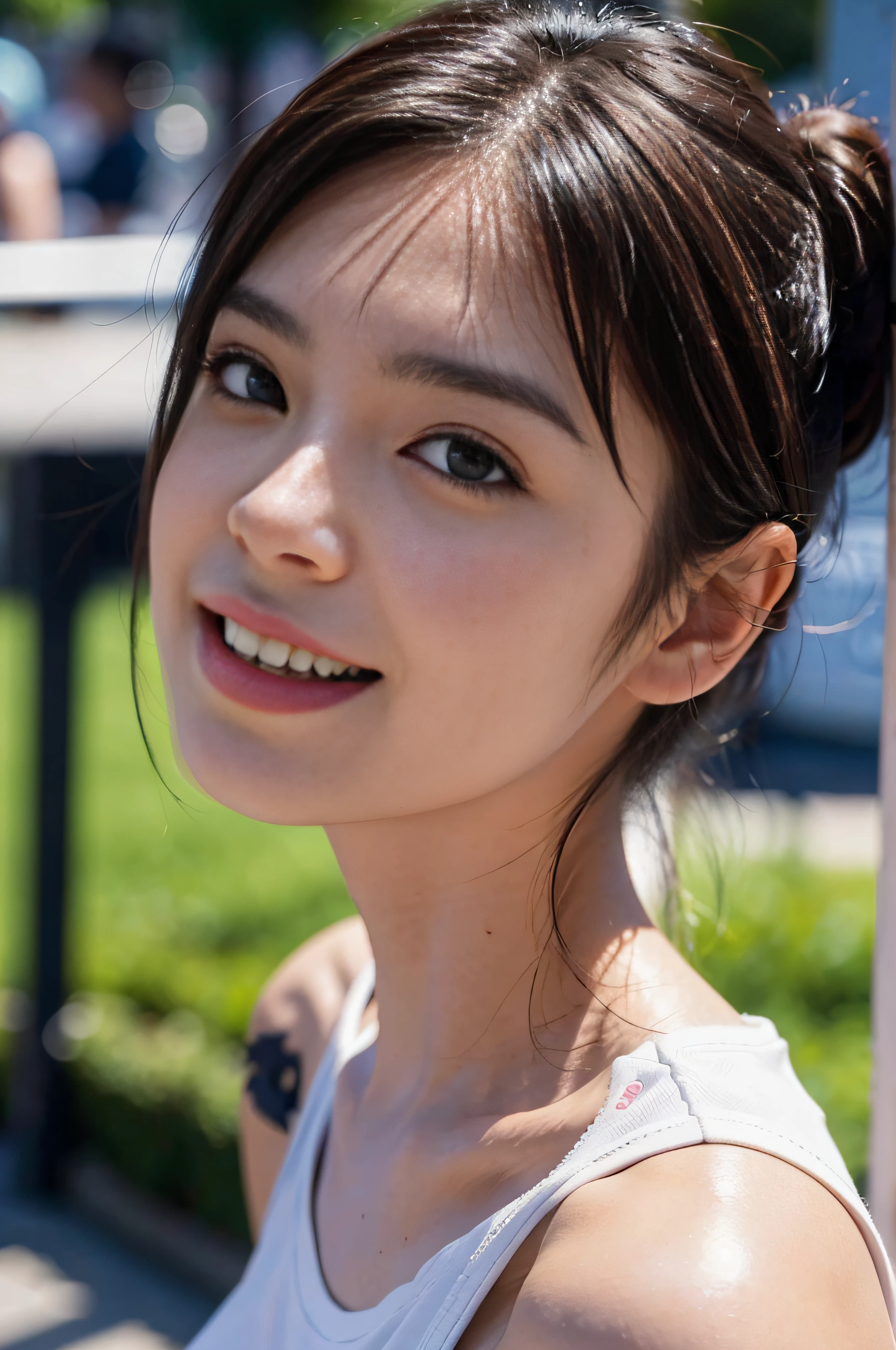 8K, masutepiece, Best Quality, Photorealistic, Ultra-detailed, 1 girl、（Osaka USJ Zombie）, Realistic skin texture,white teeth smile、Fun Medium Breasted, gazing at viewer, Smile, cropped shirt, skinny T-shirt, Tank top,( underboobs, under the boobs), Micro Mini Skirt, Hot Pants, Shorts, Movie Lighting, Face Focus, Fine eyes, Detailed face, Bright face, day light,（ Disney land）, low  angle shot, View from below