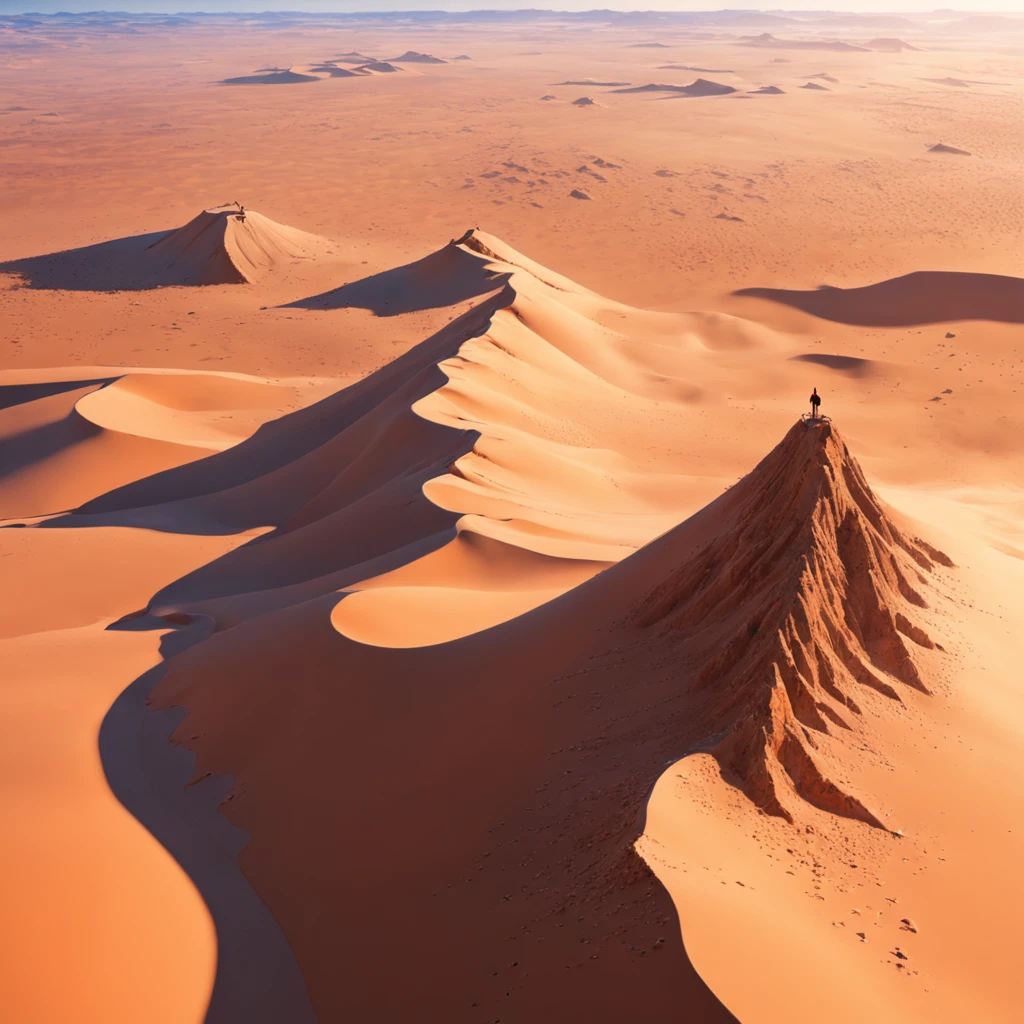 Aerial view of the sand crest of the vast desert with no end in sight, uma grande torre negra ao fundo, um grande buraco vermelho acima da torre, sand falling from various parts of the sky, Olhe de cima para baixo, Antecedentes altamente detalhados,Realistic,ultra-detalhada,Pele super detalhada,Brilho da Luz,filmic grain,Expro II,Reflexo da lente,sharpen,Cinematic shadow