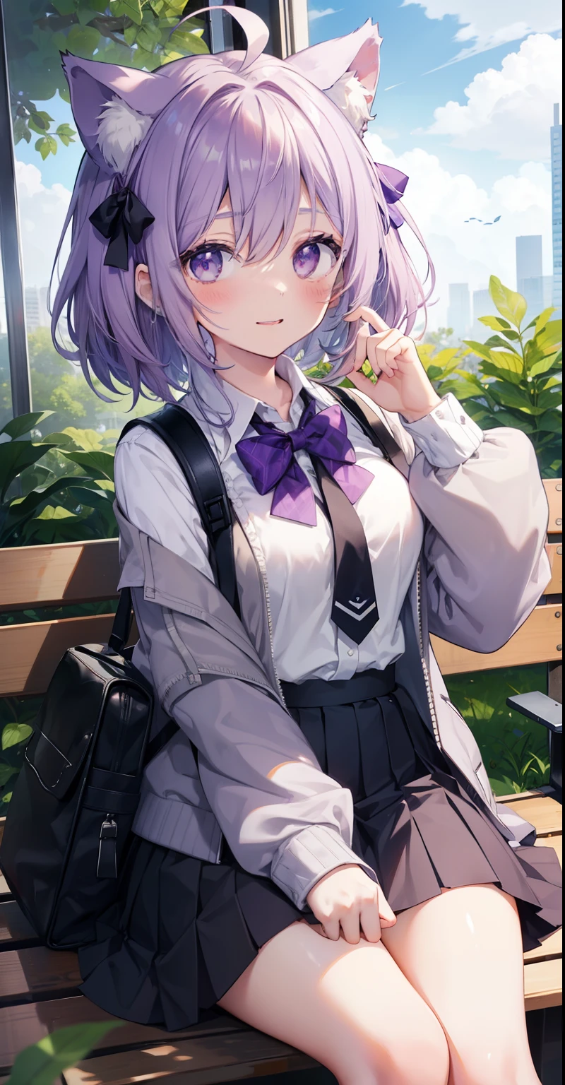 best quality, mainpiece, girl, 1girl, Ahoge, fluff_ear_bug, ear_bug, backpack, bag, fringe, bench, crotch_legs, black_Gemo, black_skirt, blush, bow, bow tie, breasts, Groan, Gem_Ears, Crossed_fringe, Eyebrows_visible_through_fur, gray_jacket, hair_between_eyes, hair_decoration, hand_between_legs, jacket, leaf, elm_in_viewer, medium_breasts, milk_cardboard, openwork_mouth, opening, ruffle_skirt, purple_bow, purple_tie bow, purple_eye, purple_hair, shirt, sitting, skirt, smile, alone, virtual_youtuber, white_shirt